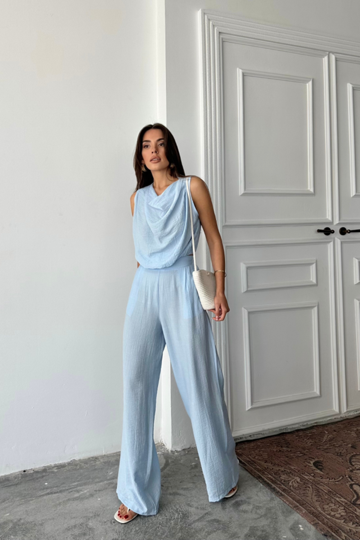 DEGAJE YAKA KOLSUZ BLUZ - PANTOLON TAKIM - Mavi