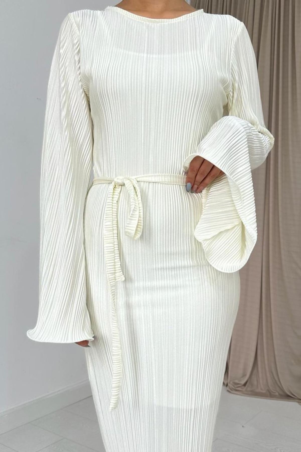 Ekru İspanyol Kol Piliseli Elbise
