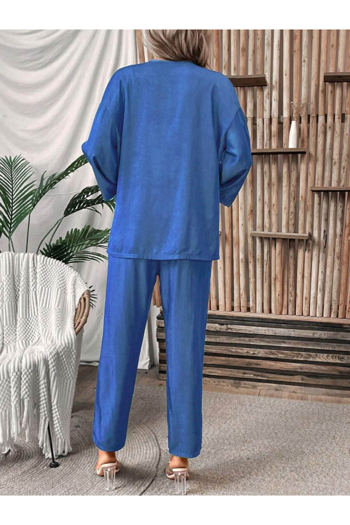 Kadın Uzun Kollu önü Açık Dokuma Ceket Ve Pantolon Ikili Takım