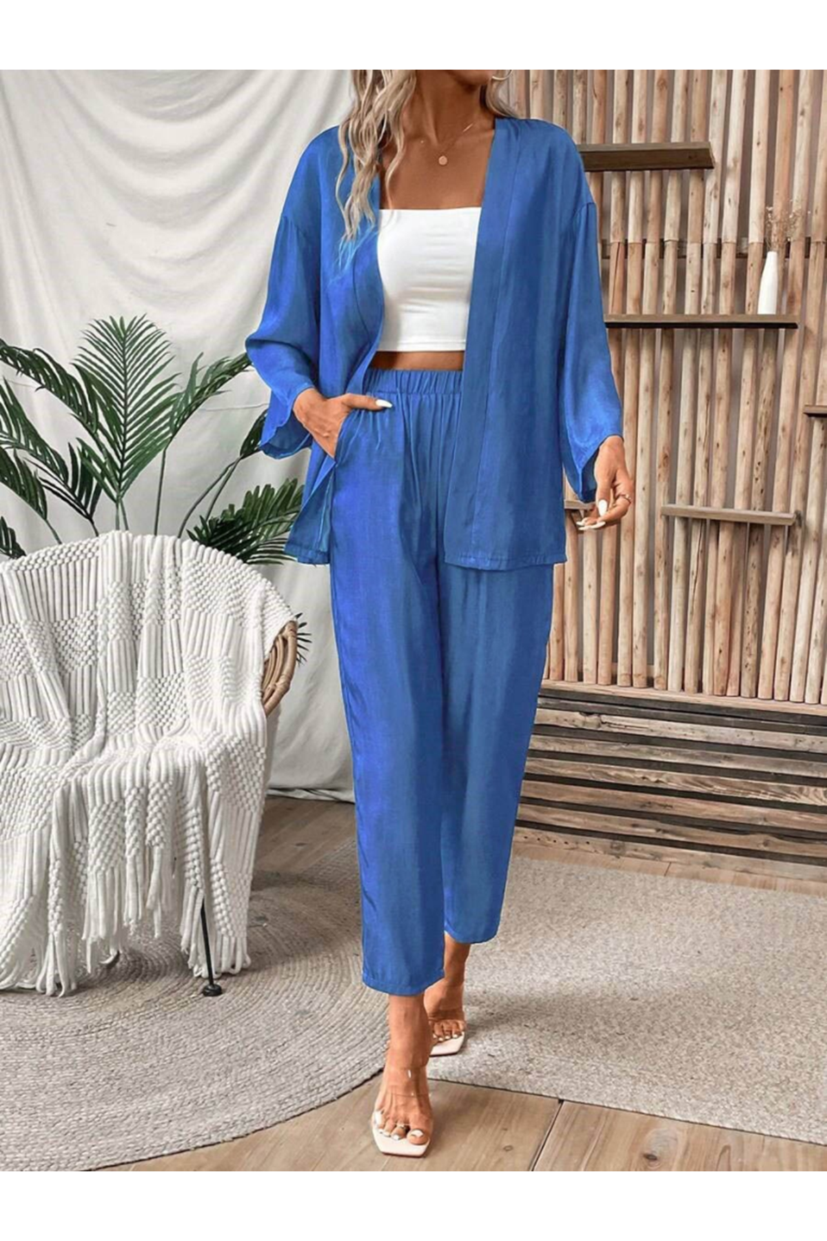 Kadın Uzun Kollu önü Açık Dokuma Ceket Ve Pantolon Ikili Takım