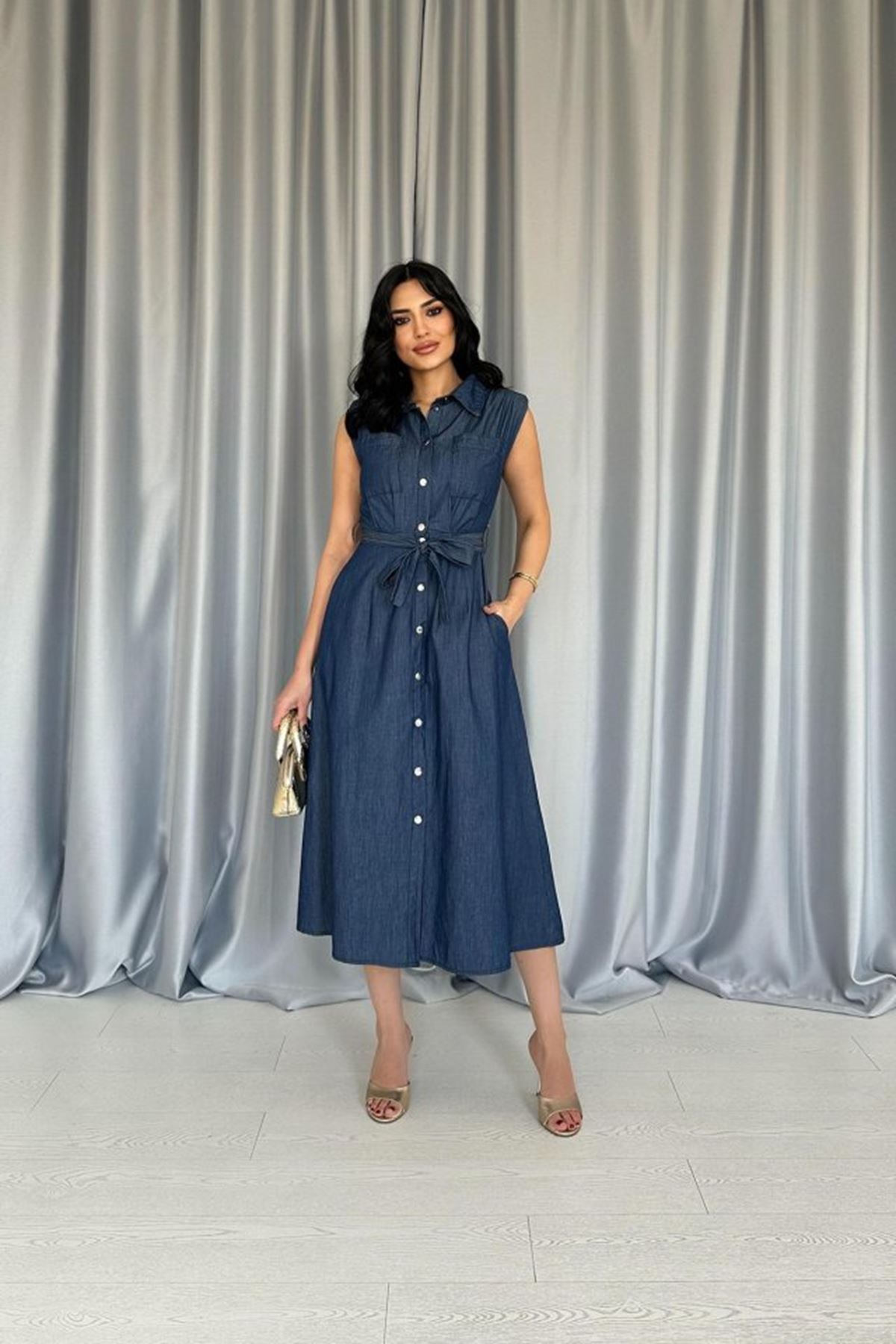 Mavi Tencel Çıtçıtlı Elbise