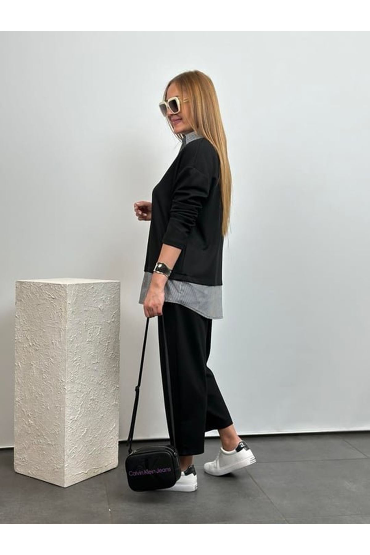 Polo Yaka Gömlek Detay Salaş Balon Pantolunlu ıkılı Takım