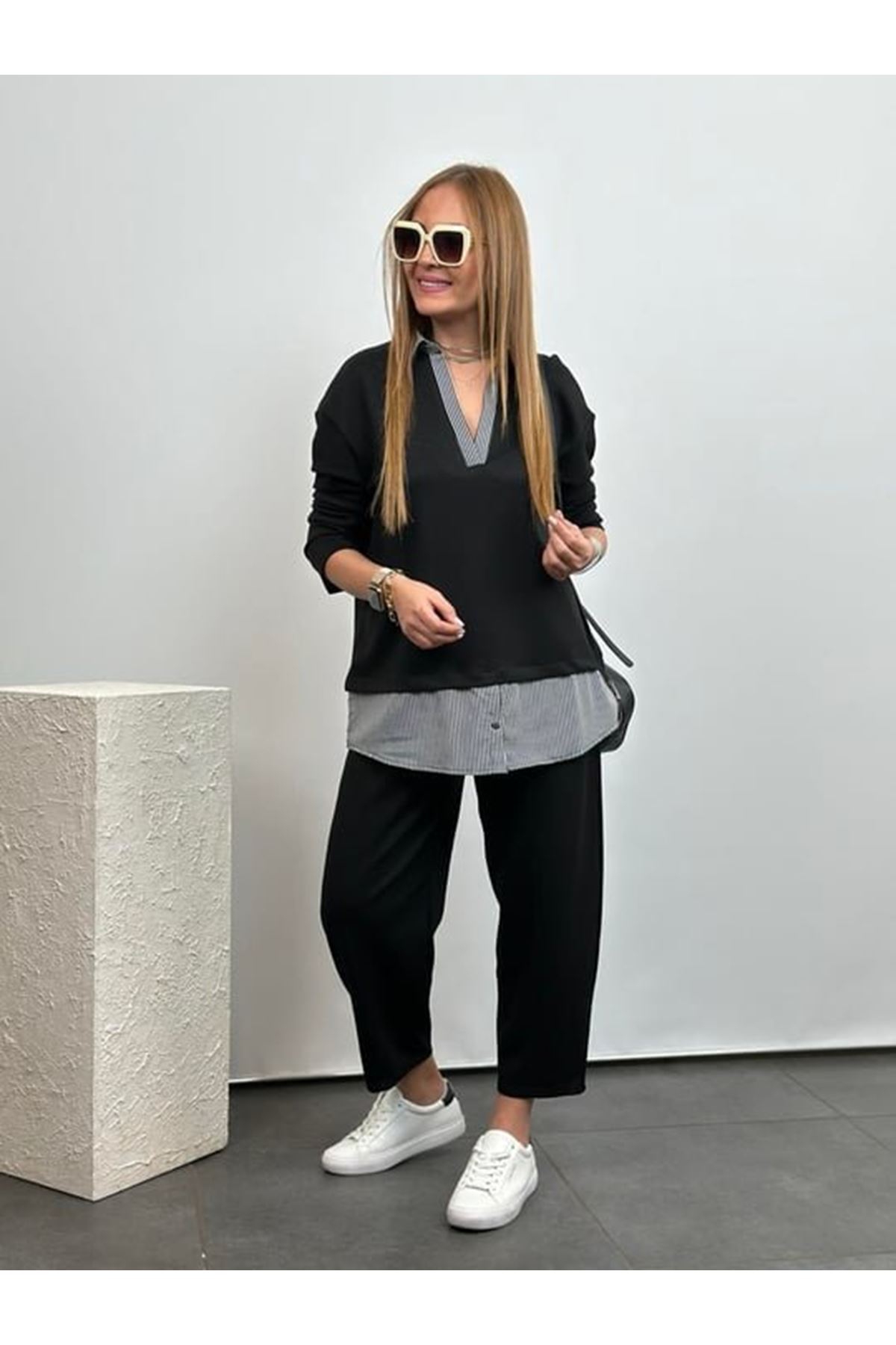 Polo Yaka Gömlek Detay Salaş Balon Pantolunlu ıkılı Takım