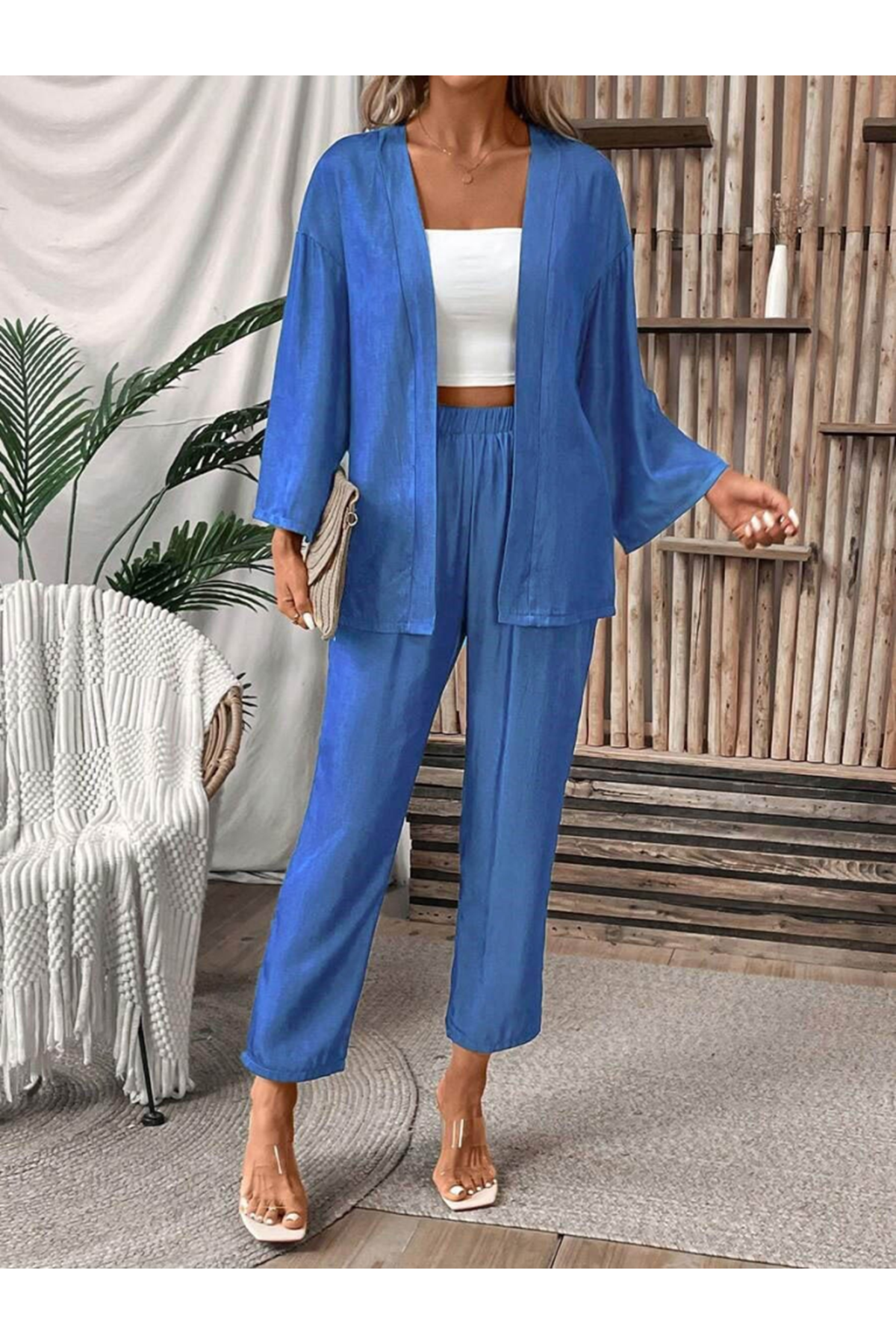 Kadın Uzun Kollu önü Açık Dokuma Ceket Ve Pantolon Ikili Takım