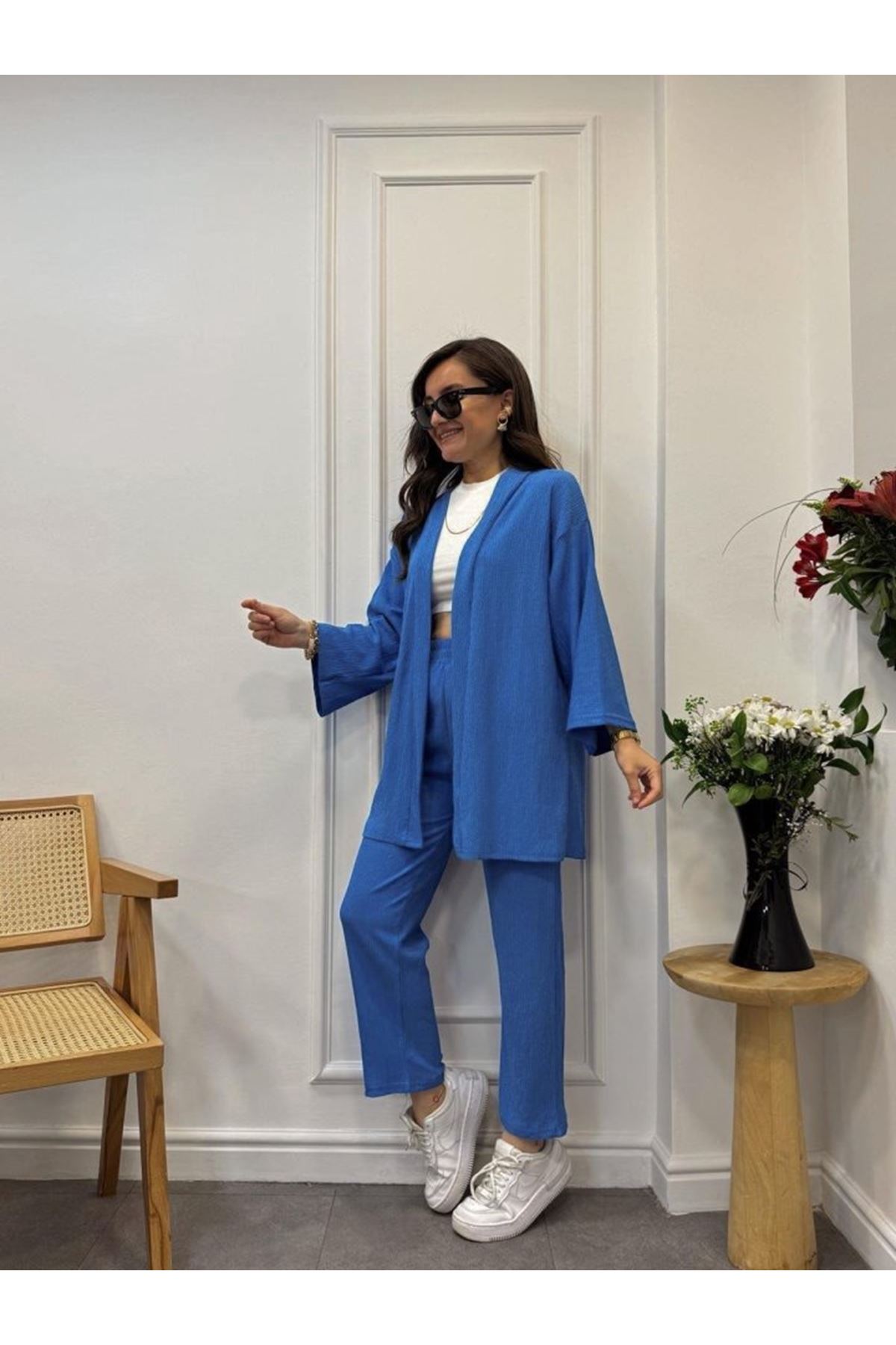 Kadın Uzun Kollu önü Açık Dokuma Ceket Ve Pantolon Ikili Takım