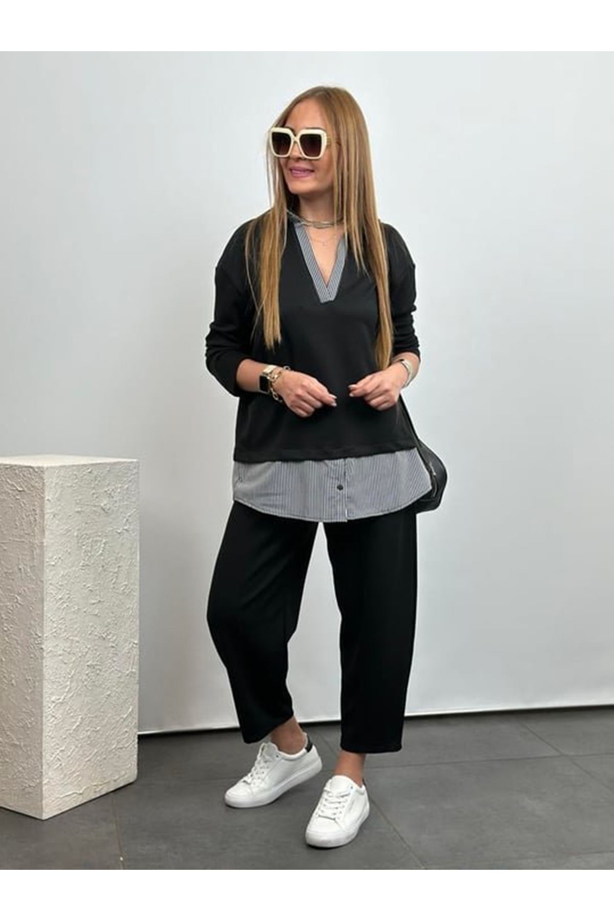 Polo Yaka Gömlek Detay Salaş Balon Pantolunlu ıkılı Takım