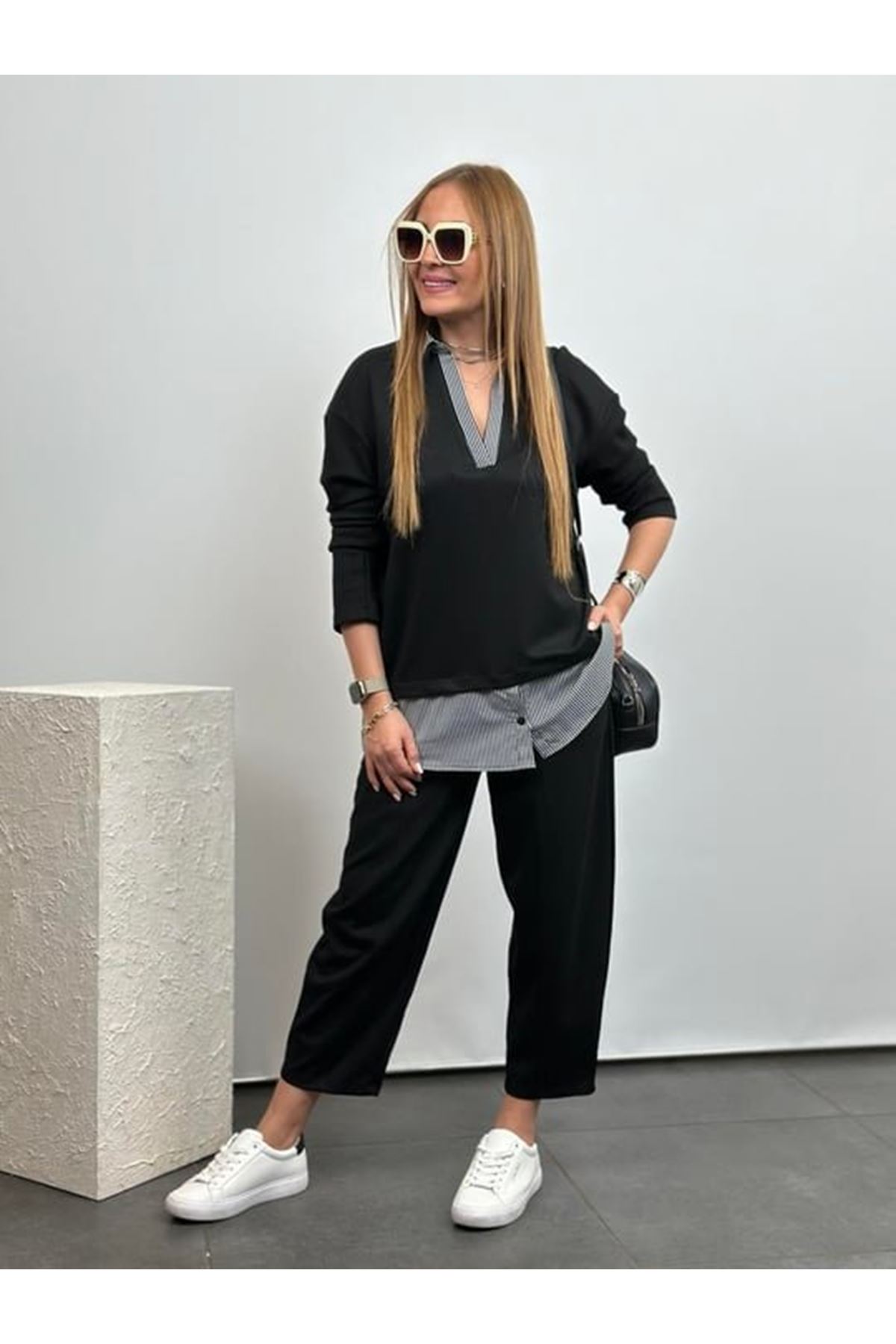 Polo Yaka Gömlek Detay Salaş Balon Pantolunlu ıkılı Takım