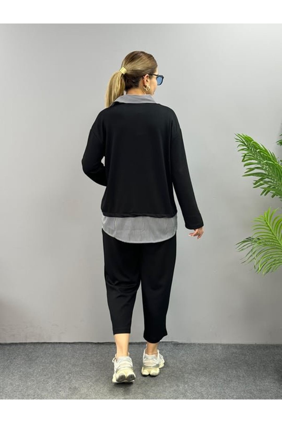 Polo Yaka Gömlek Detay Salaş Balon Pantolunlu ıkılı Takım