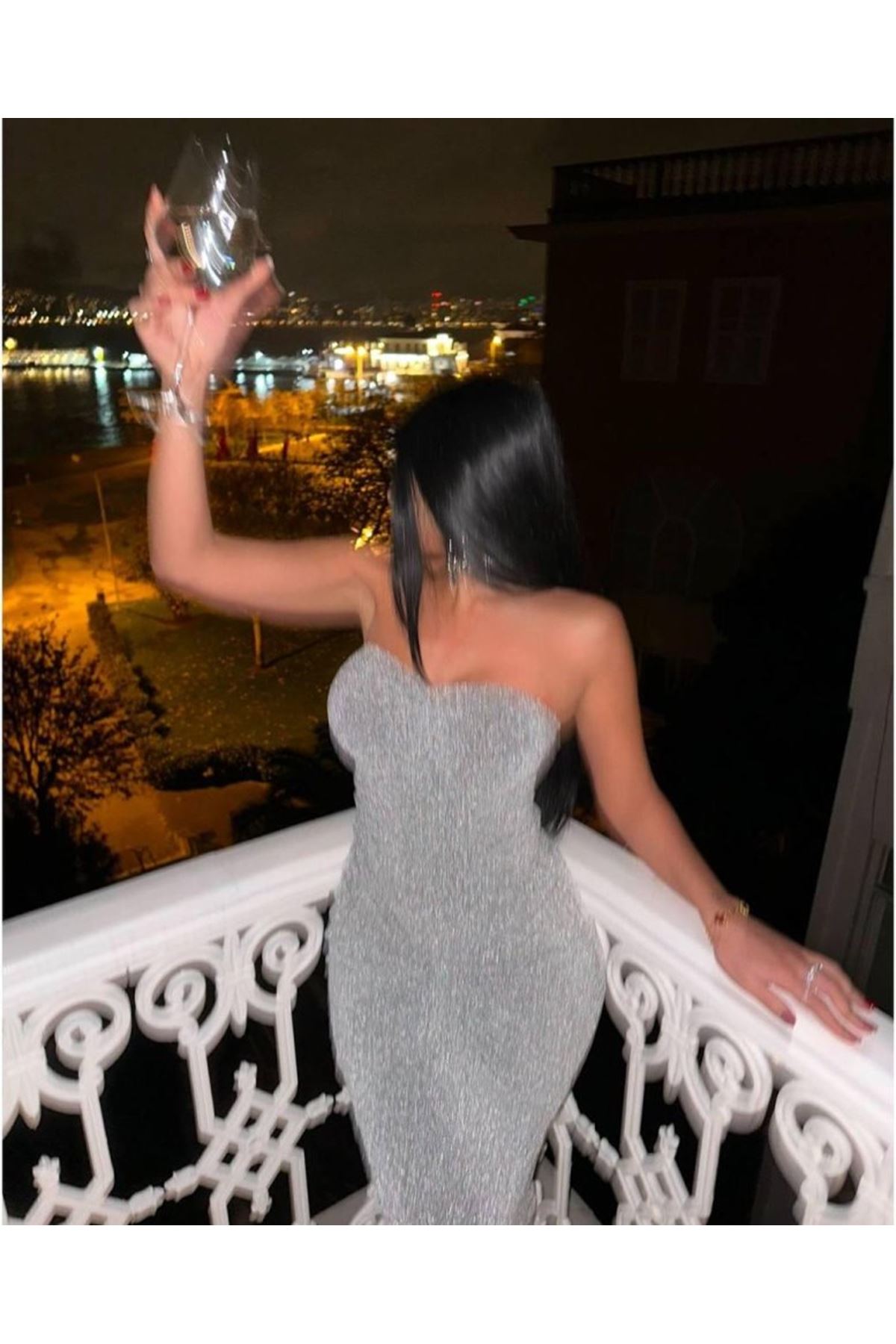 Straplez Simli Uzun Elbise