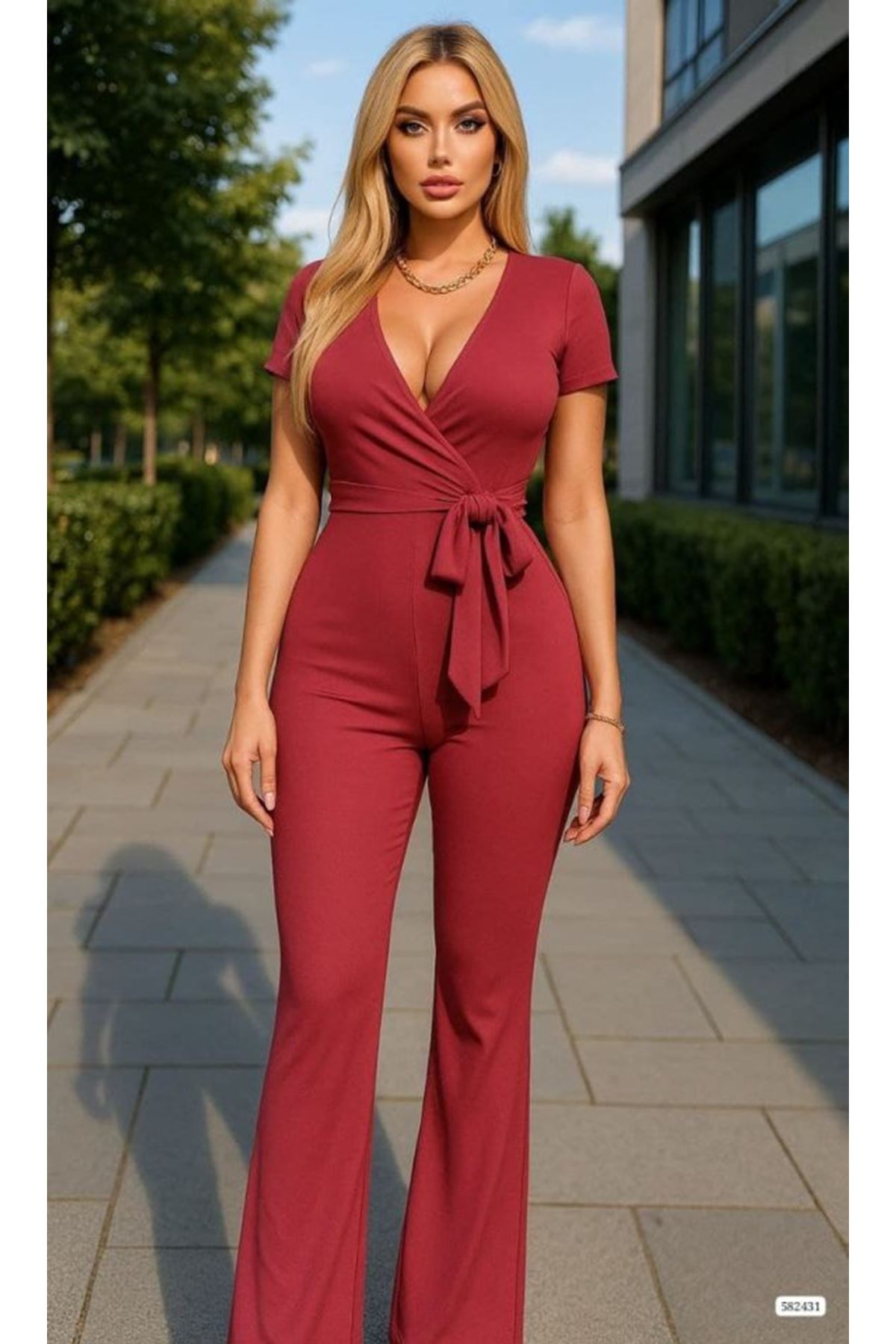 Kadın Kruvaze Yaka Kısa Kollu Kuşaklı Tulum