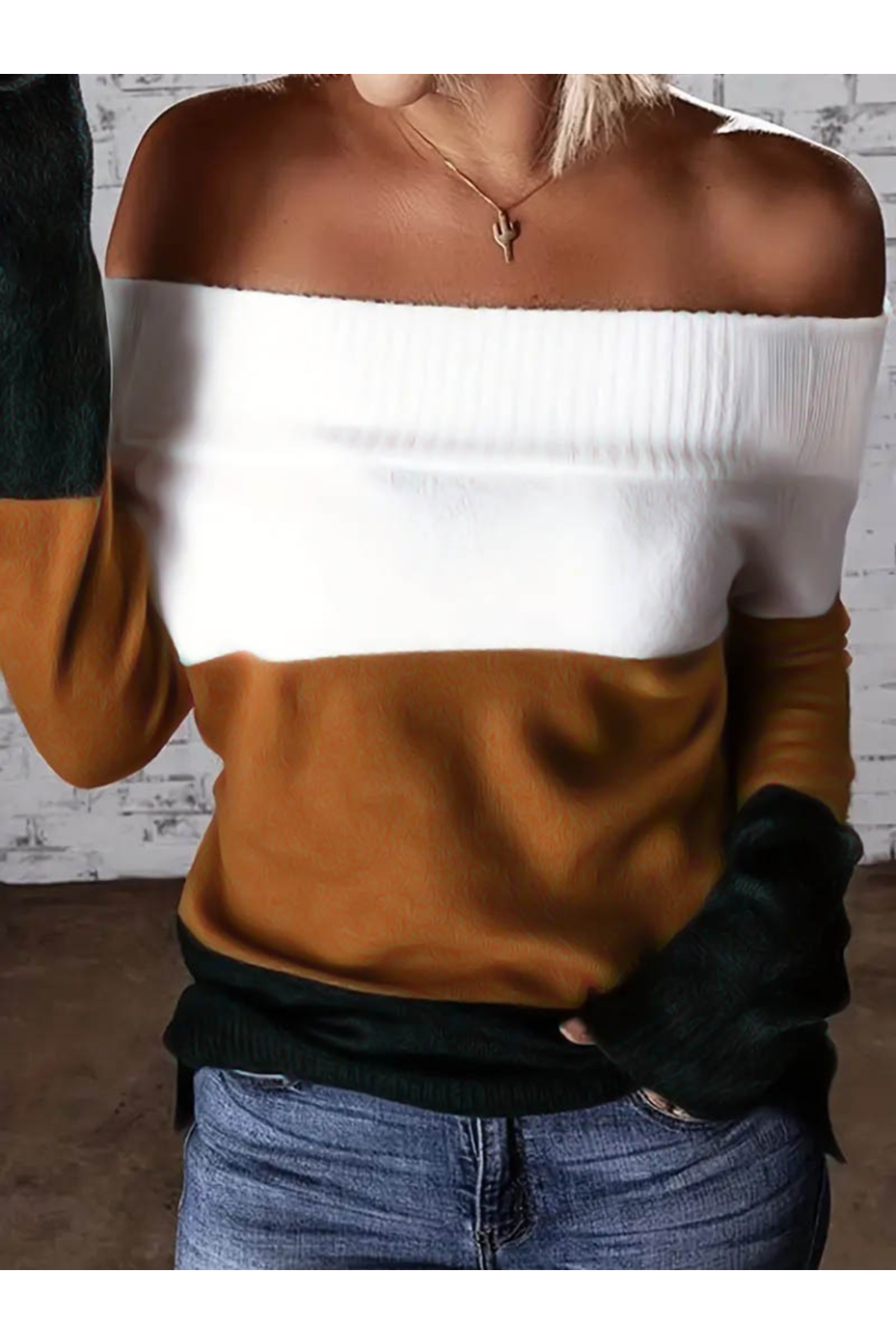 Kadın Uzun Kollu Omuzlardan Açık Uzun Kollu Blok çizgili Triko Bluz