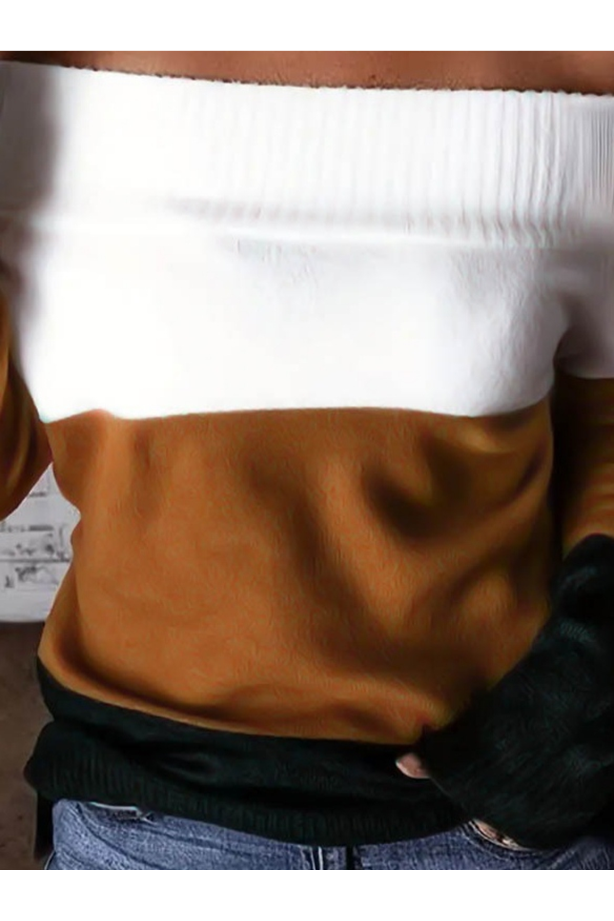 Kadın Uzun Kollu Omuzlardan Açık Uzun Kollu Blok çizgili Triko Bluz