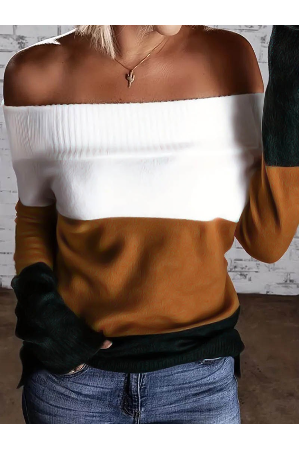 Kadın Uzun Kollu Omuzlardan Açık Uzun Kollu Blok çizgili Triko Bluz