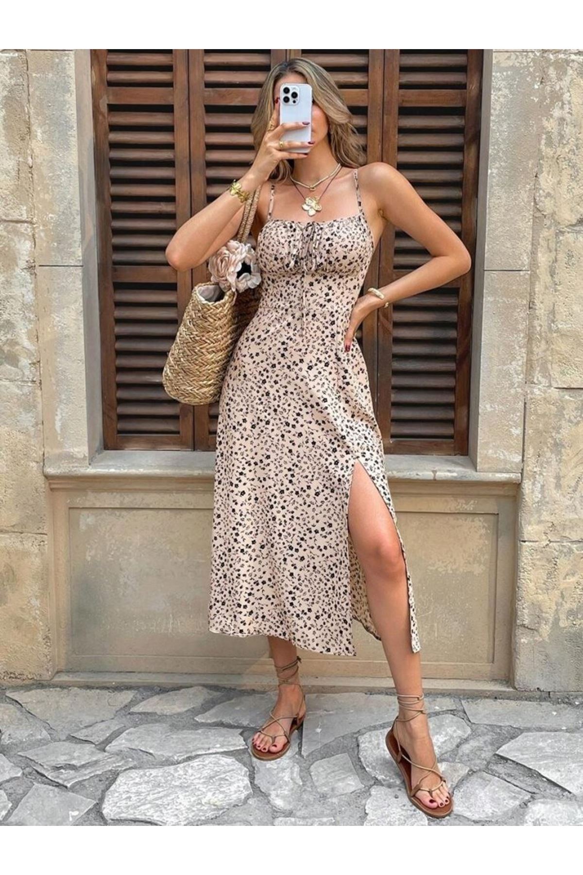 Kadın Ip Askılı Desenli Yırtmaçlı Süprem Midi Elbise