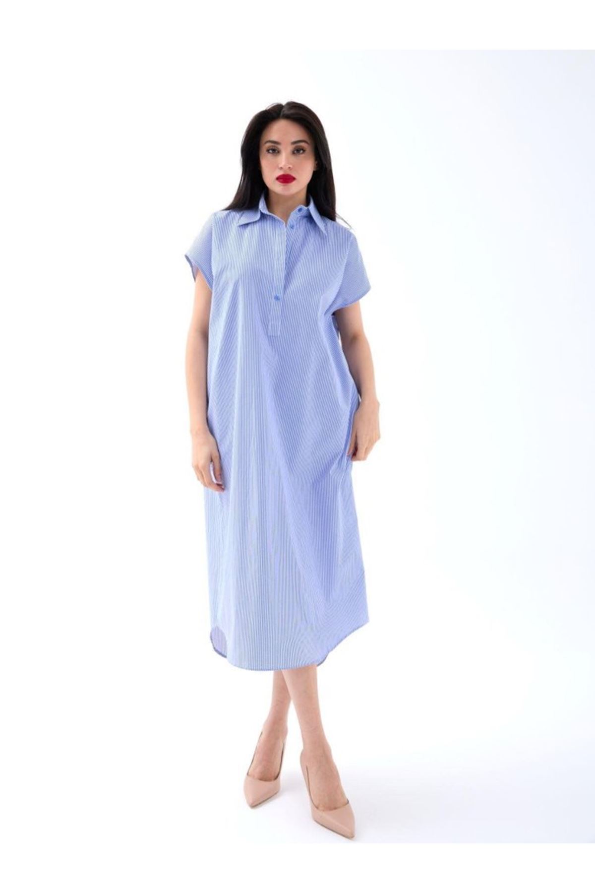 7450 ELBİSE-MAVİ BEYAZ ÇİZGİLİ