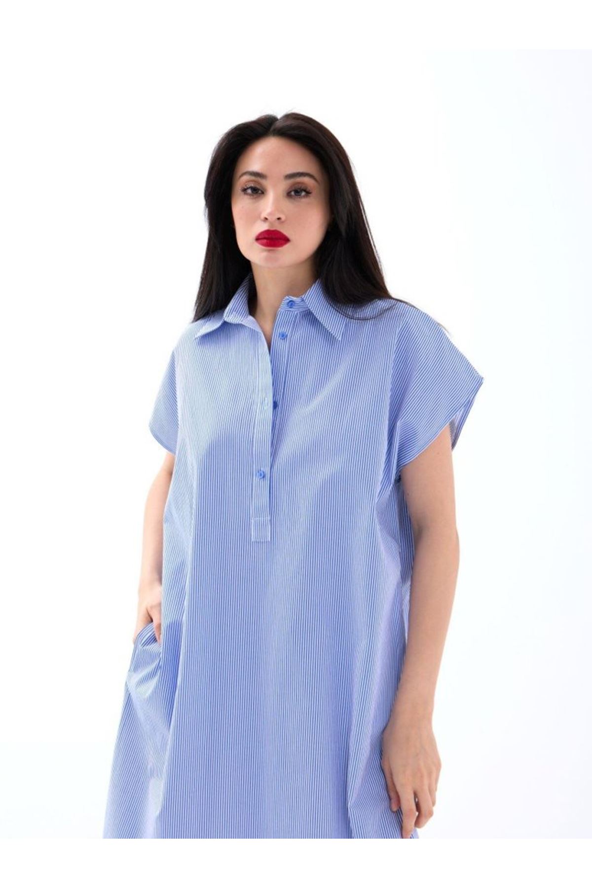 7450 ELBİSE-MAVİ BEYAZ ÇİZGİLİ