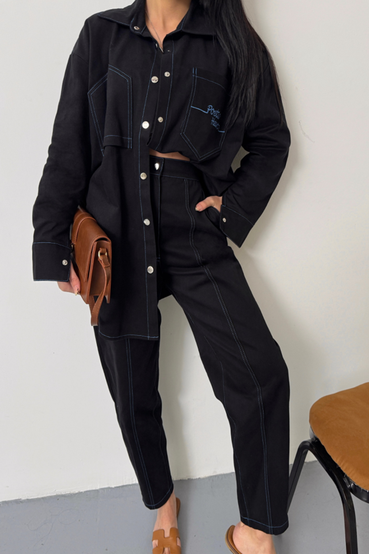 DENİM PUNTOLU GÖMLEK-PANTOLON TAKIM - Mavi