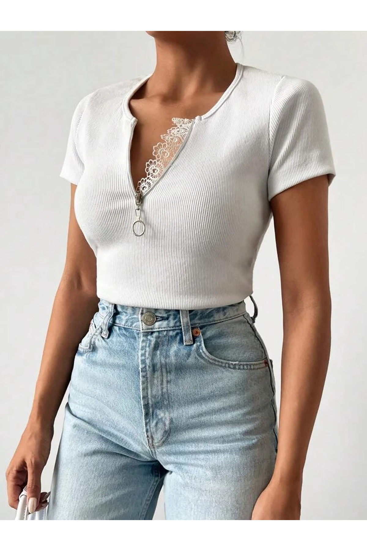 Kadın Beyaz Yaka Dantel Ve Fermuarlı Kaşkorse Bluz