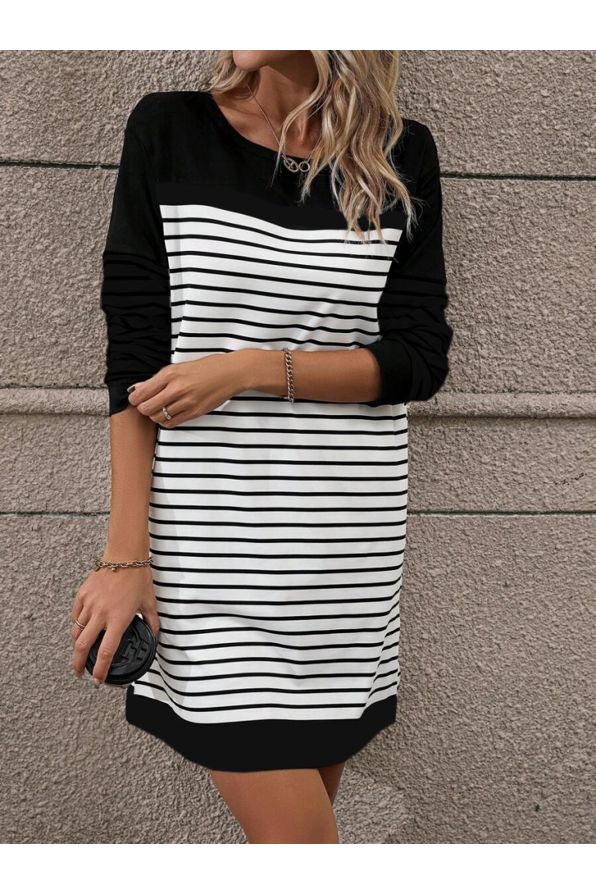 Kadın Bisiklet Yaka Uzun Kol çizgili Iki Iplik Kumaş Mini Boy Elbise