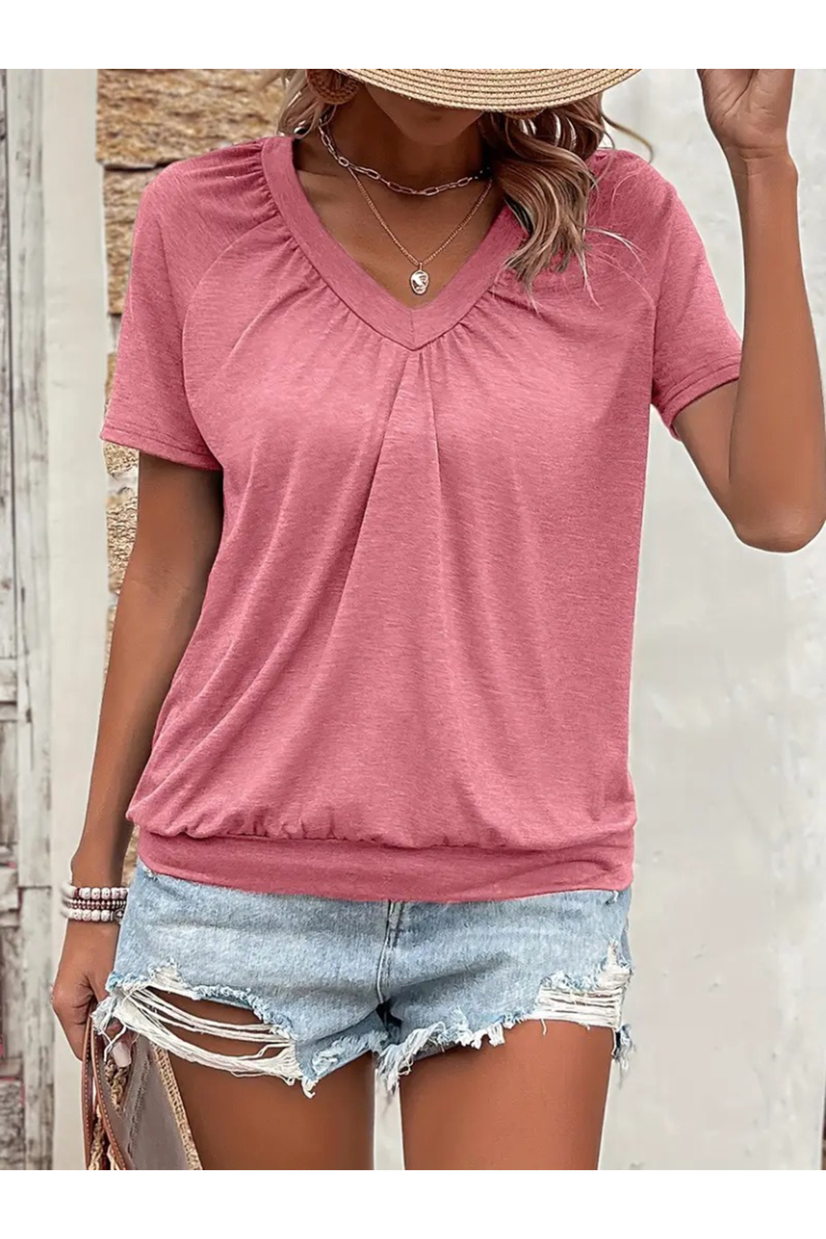 Kadın Kısa Kollu V Yakalı Büzgü Detaylı Viskon Bluz