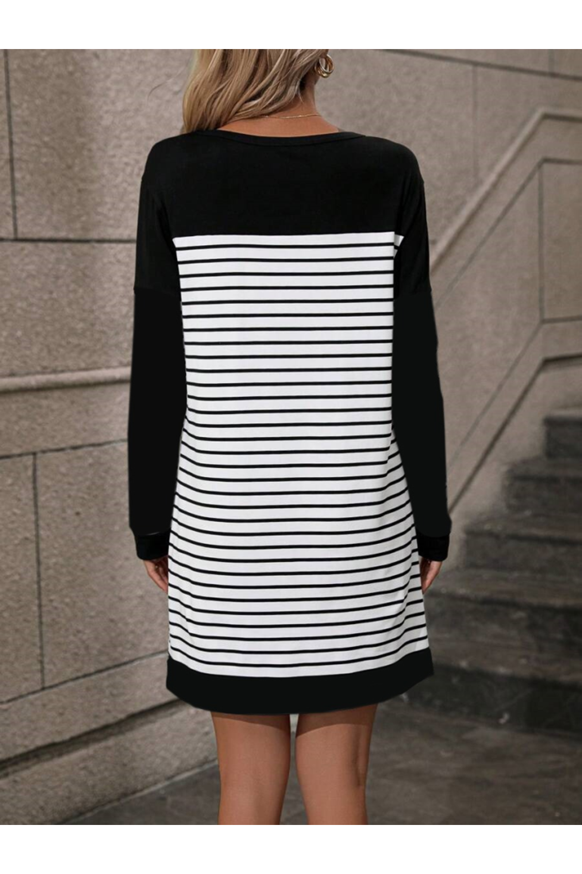 Kadın Bisiklet Yaka Uzun Kol çizgili Iki Iplik Kumaş Mini Boy Elbise