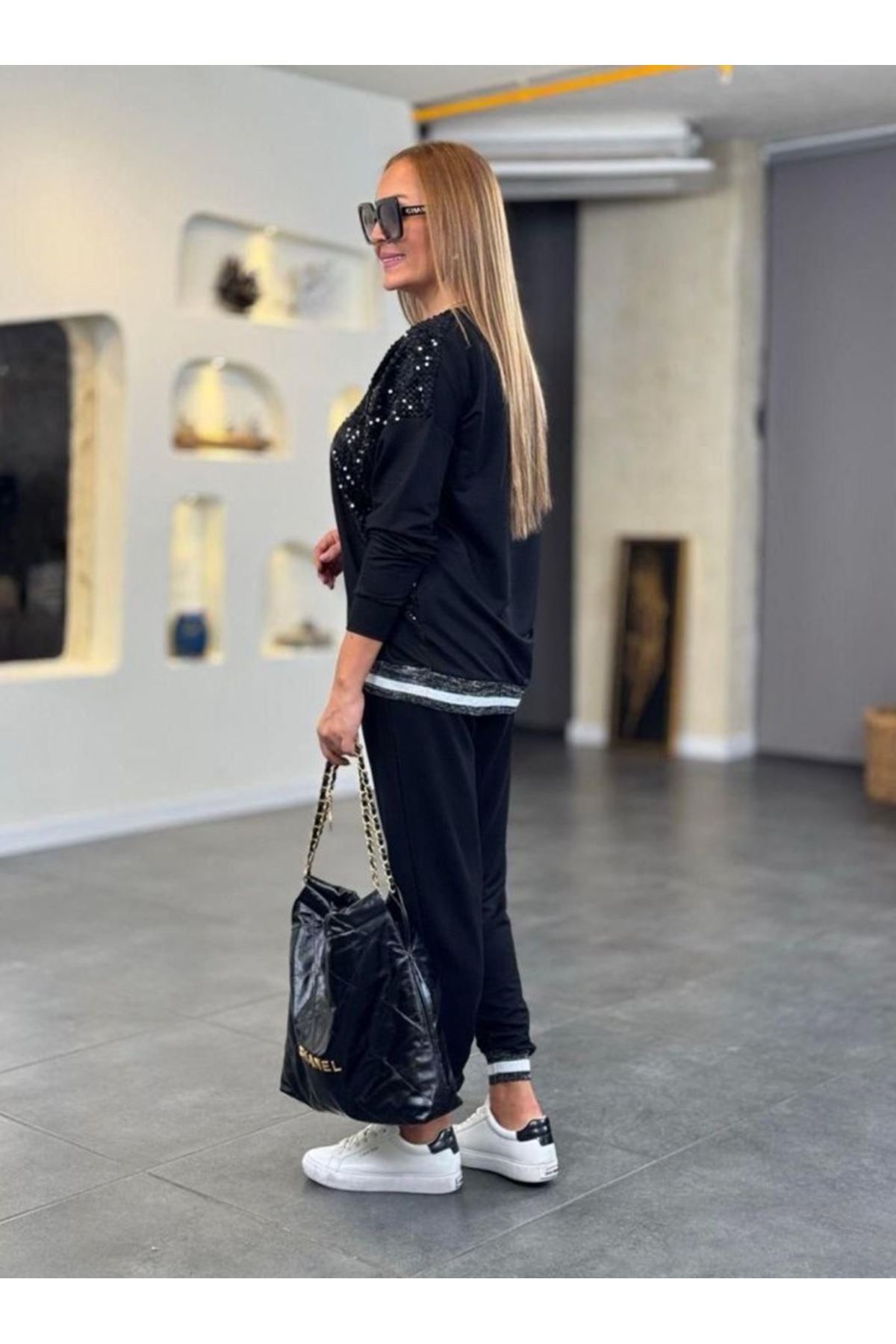 Kadın Modal Kumaş Payetli Sim Ve Ribanalı Detay Ikili Takım