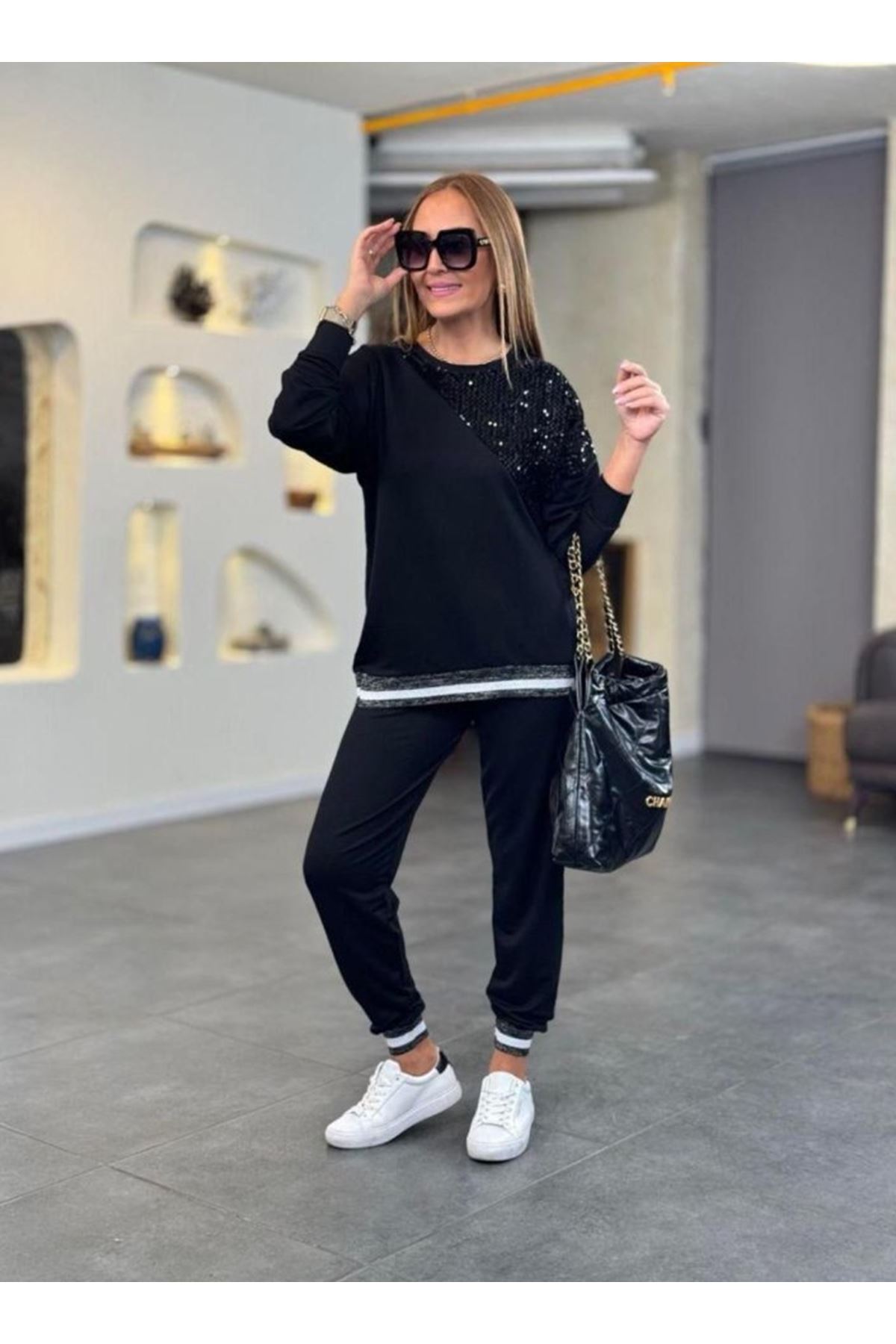 Kadın Modal Kumaş Payetli Sim Ve Ribanalı Detay Ikili Takım