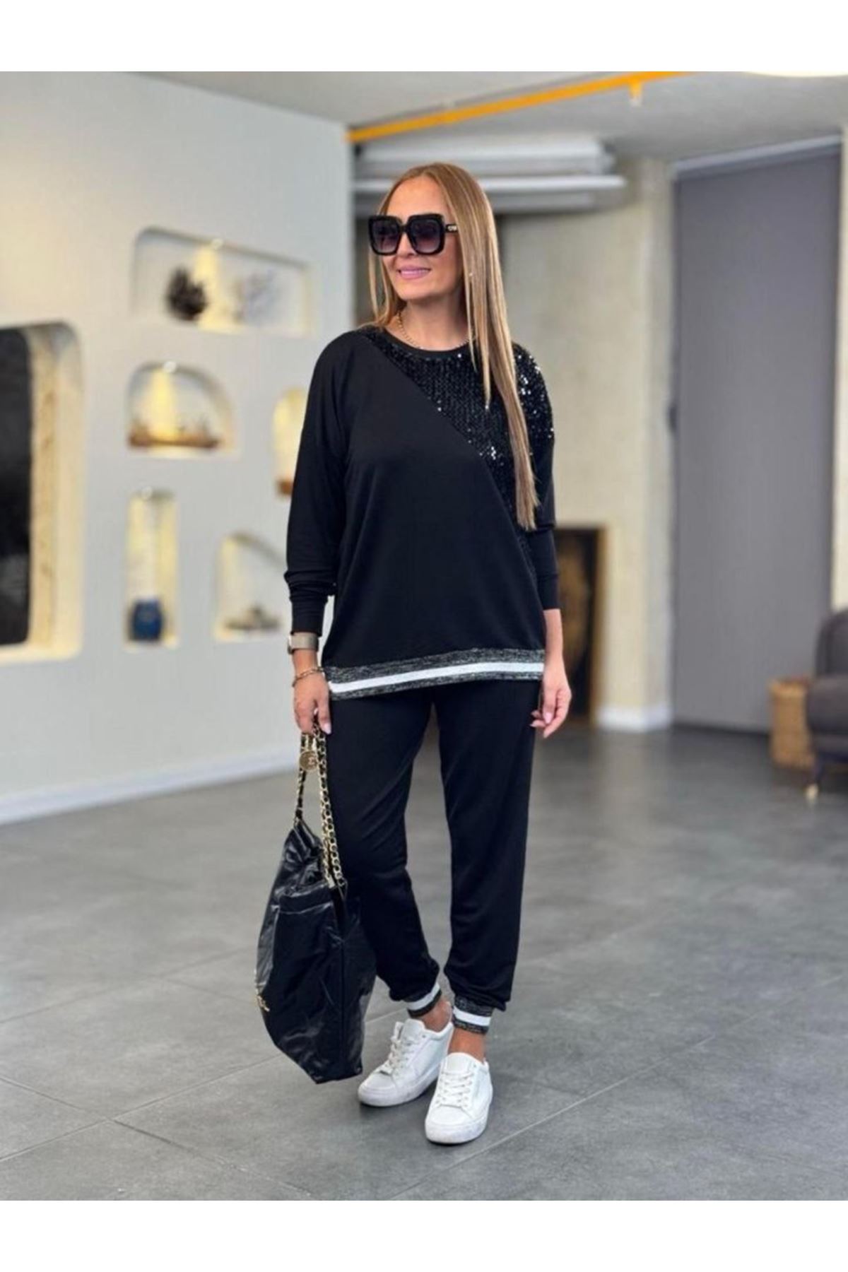 Kadın Modal Kumaş Payetli Sim Ve Ribanalı Detay Ikili Takım