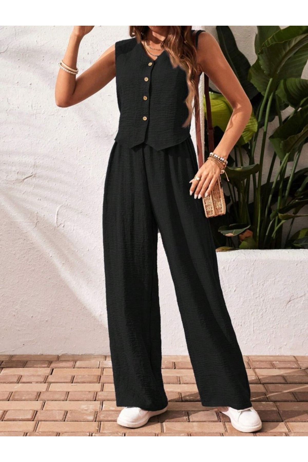 Kadın Sıfır Kollu Düğmeli Yelek Ve Pantolon Bürümcük Ikili Takım