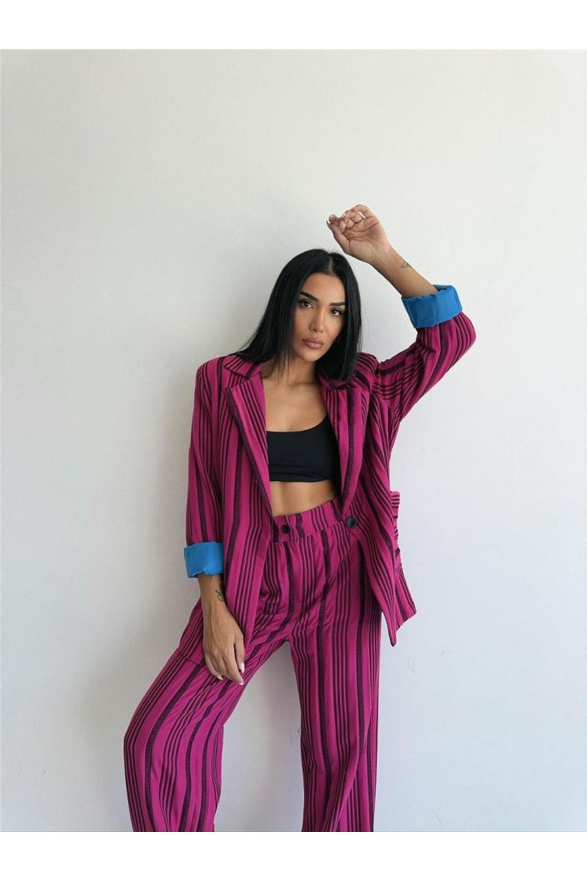 OTTOMAN ÇİZGİLİ CEKET-PANTOLON TK - Fuşya