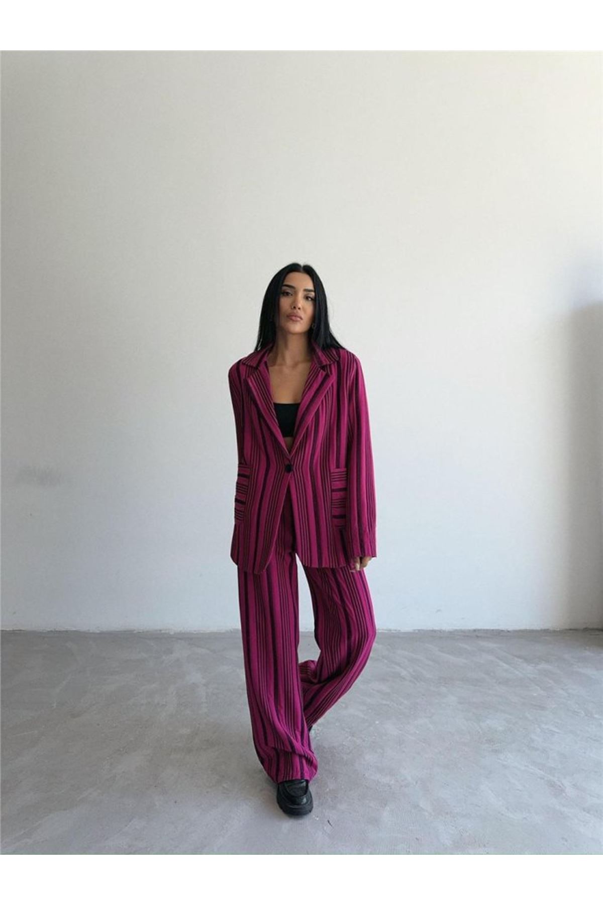 OTTOMAN ÇİZGİLİ CEKET-PANTOLON TK - Fuşya