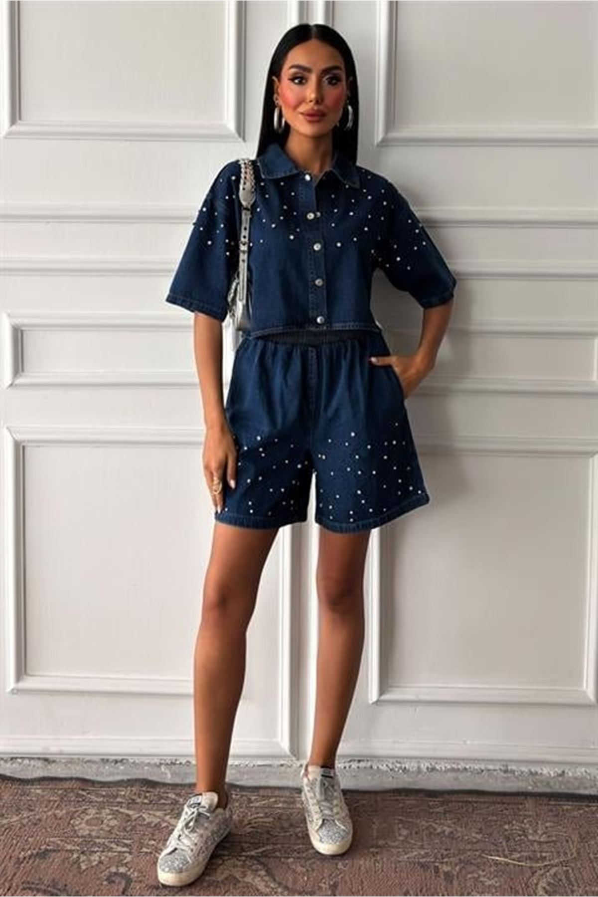 Taş Detaylı Gömlek Şort Denim Takım 10175