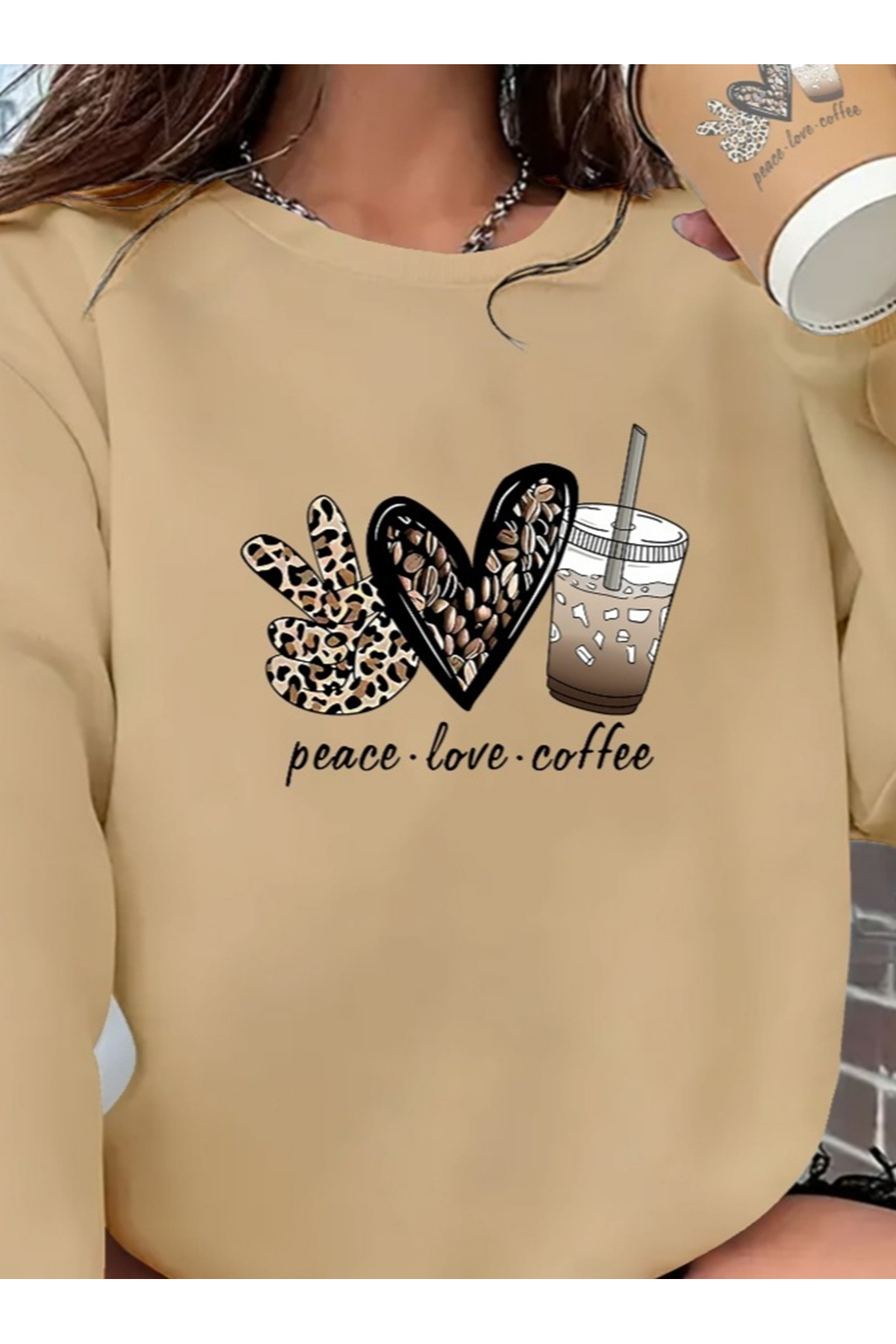 Kadın Uzun Kollu Bisiklet Yaka Kalp Desenli Viskon Iki Iplik Bluz