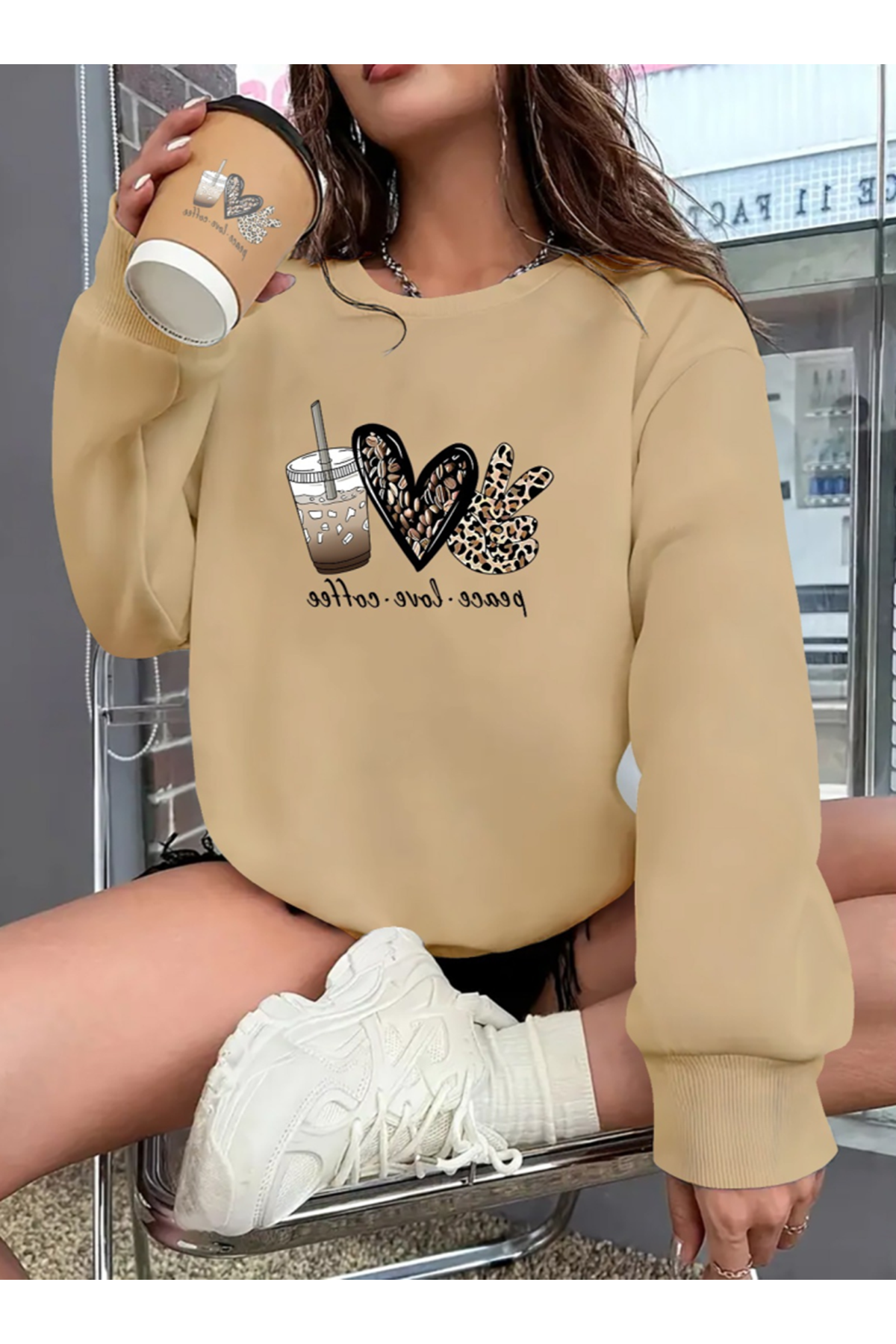 Kadın Uzun Kollu Bisiklet Yaka Kalp Desenli Viskon Iki Iplik Bluz