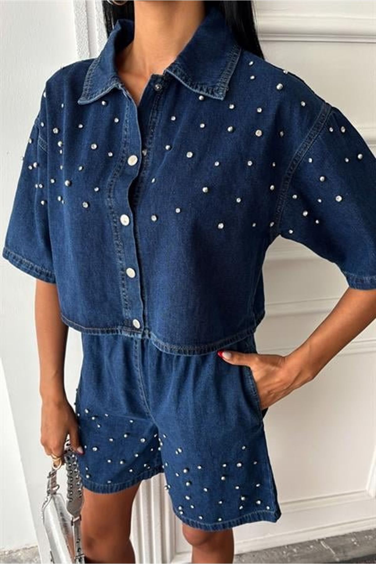 Taş Detaylı Gömlek Şort Denim Takım 10175