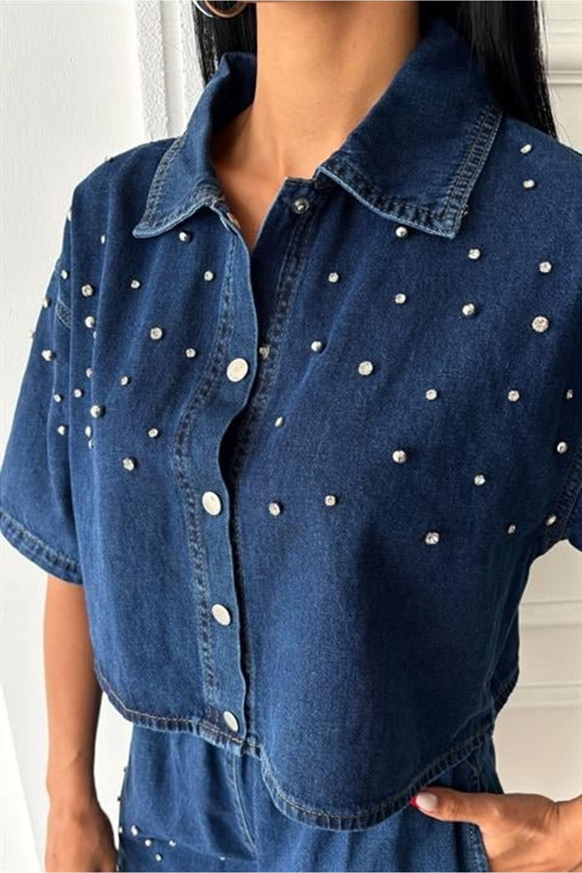 Taş Detaylı Gömlek Şort Denim Takım 10175