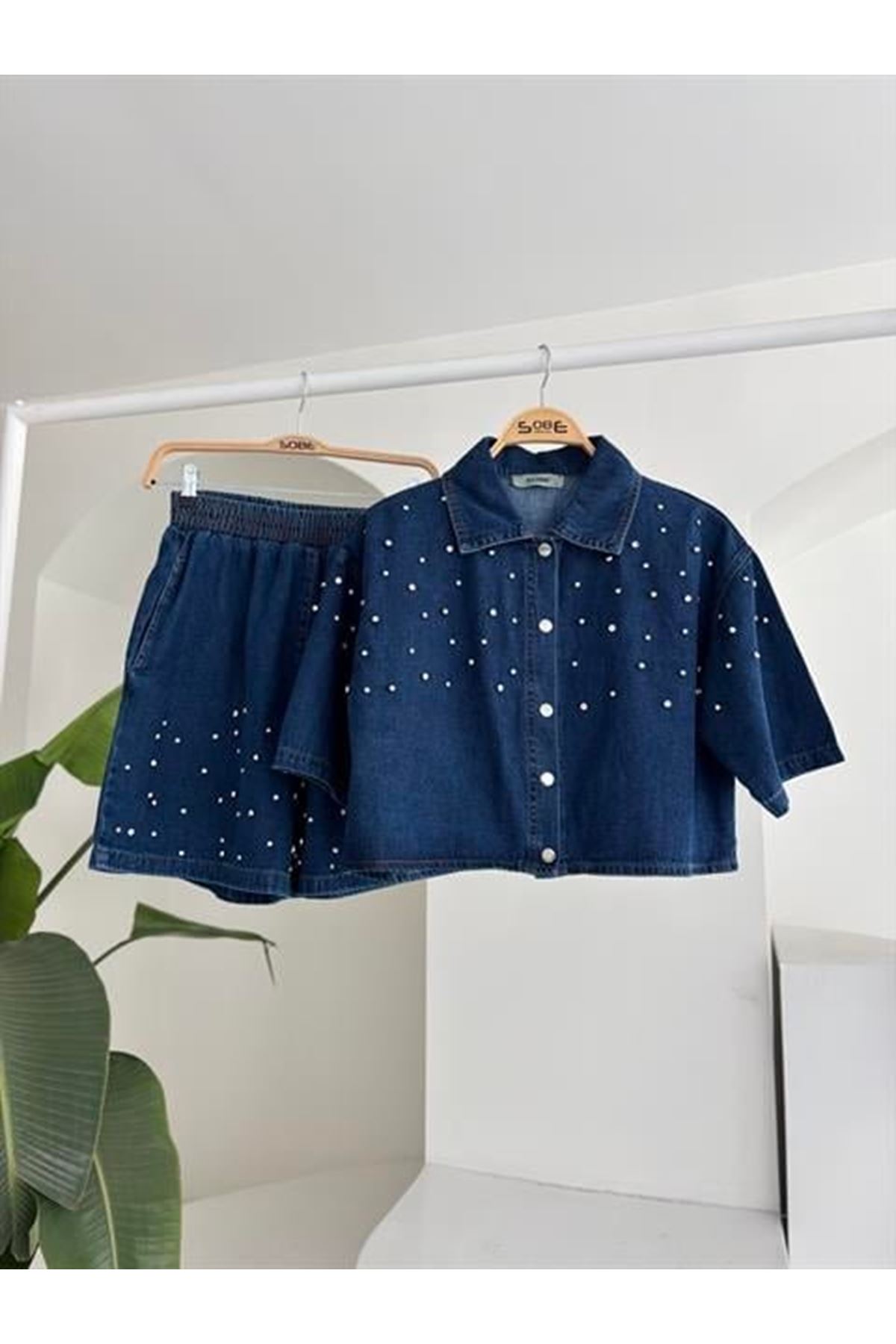 Taş Detaylı Gömlek Şort Denim Takım 10175