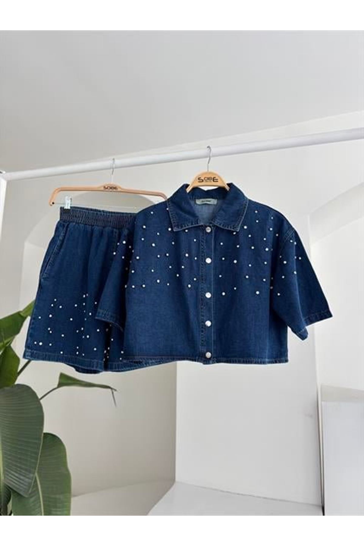 Taş Detaylı Gömlek Şort Denim Takım 10175