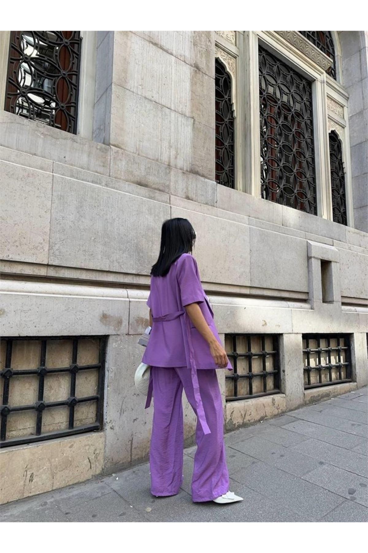 KISA KOL BAĞLAMA DETAYLI CEKET-PANTOLON TAKIM - Mor