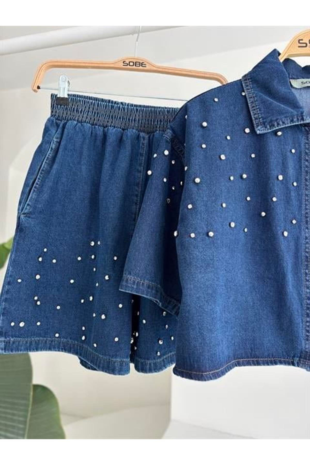 Taş Detaylı Gömlek Şort Denim Takım 10175