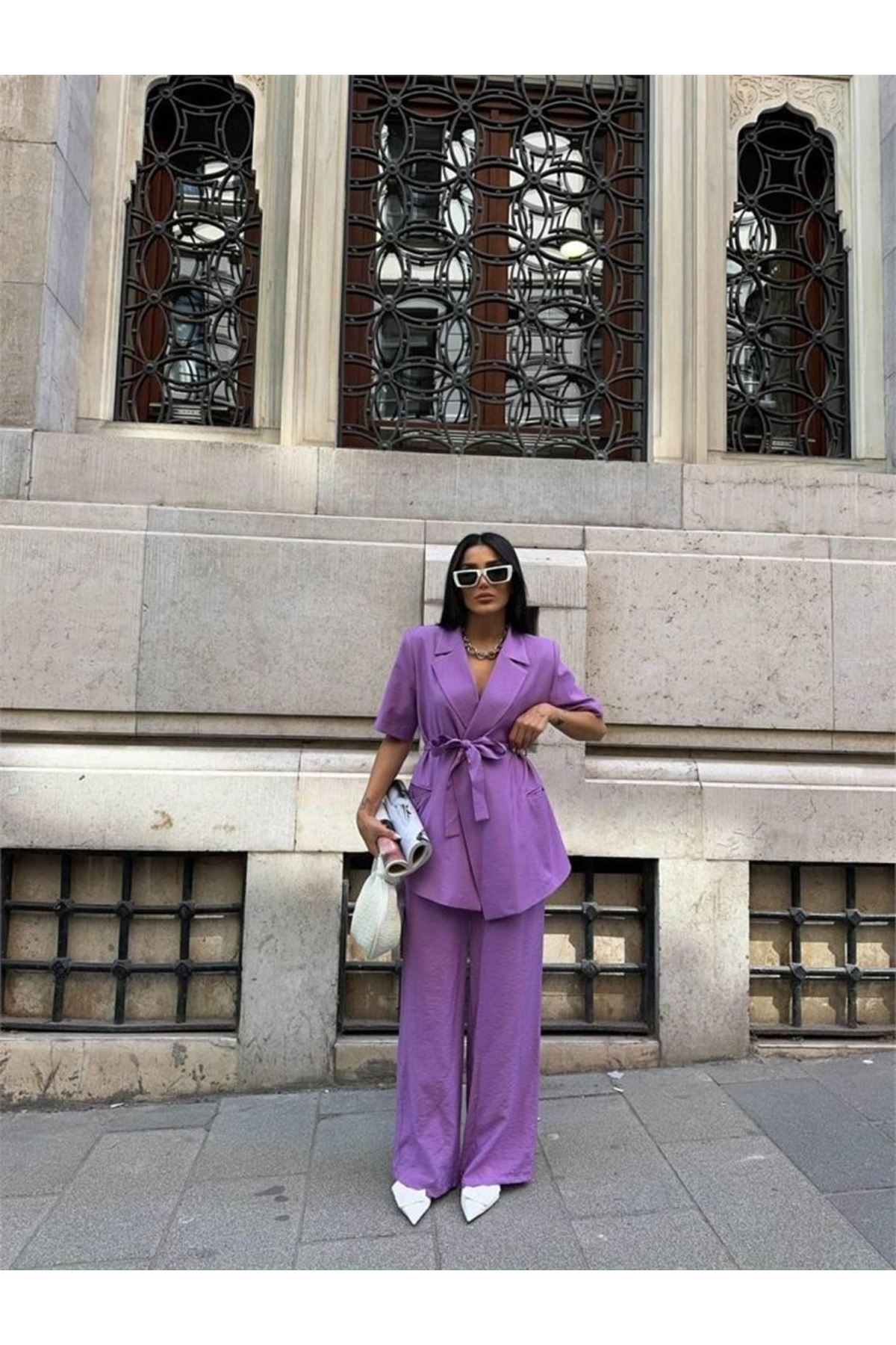 KISA KOL BAĞLAMA DETAYLI CEKET-PANTOLON TAKIM - Mor