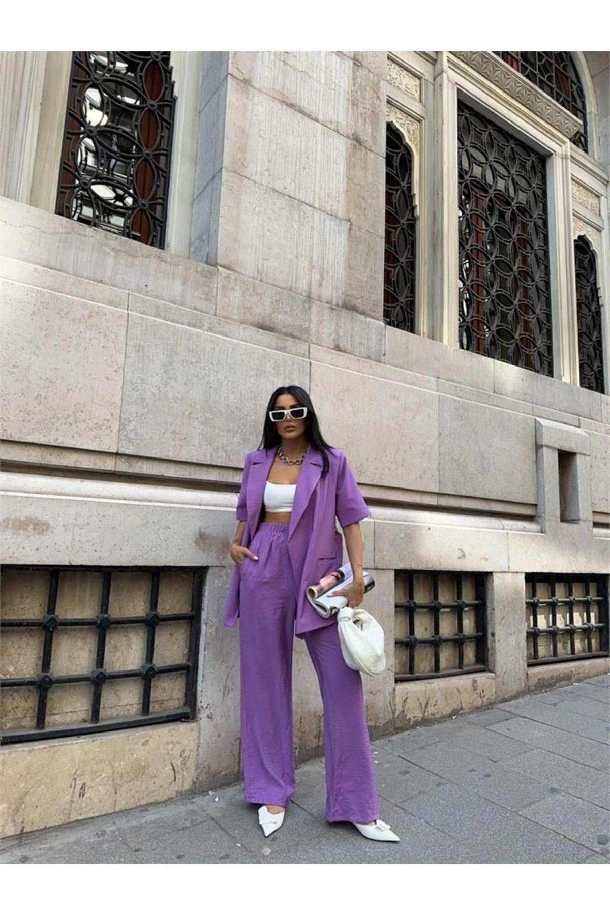 KISA KOL BAĞLAMA DETAYLI CEKET-PANTOLON TAKIM - Mor