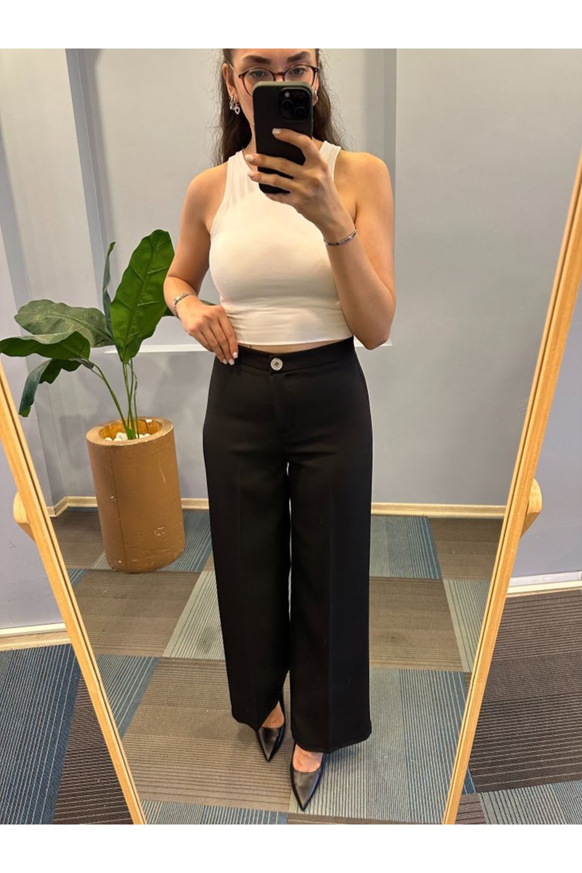 Yüksek Bel Palazzo Metal DüğmePantolon