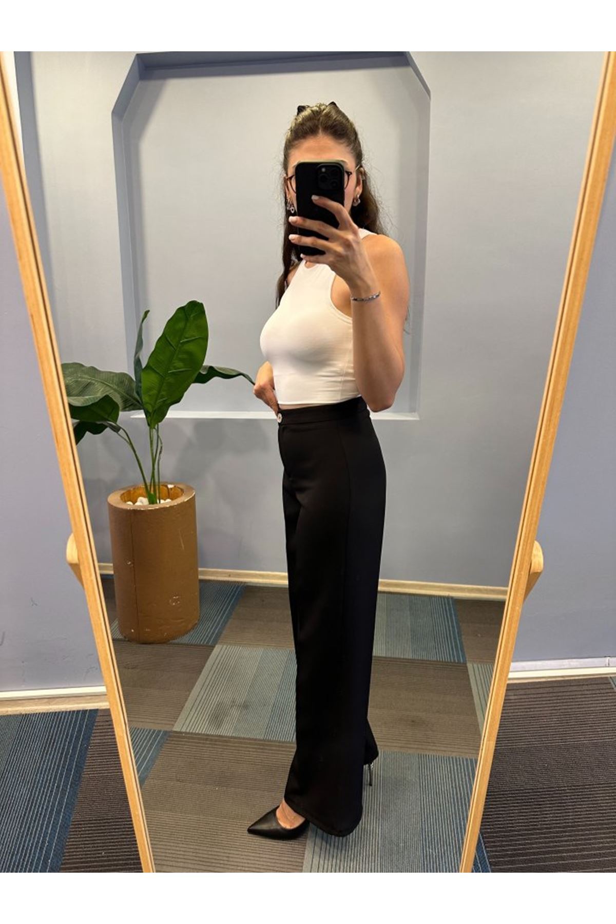 Yüksek Bel Palazzo Metal DüğmePantolon