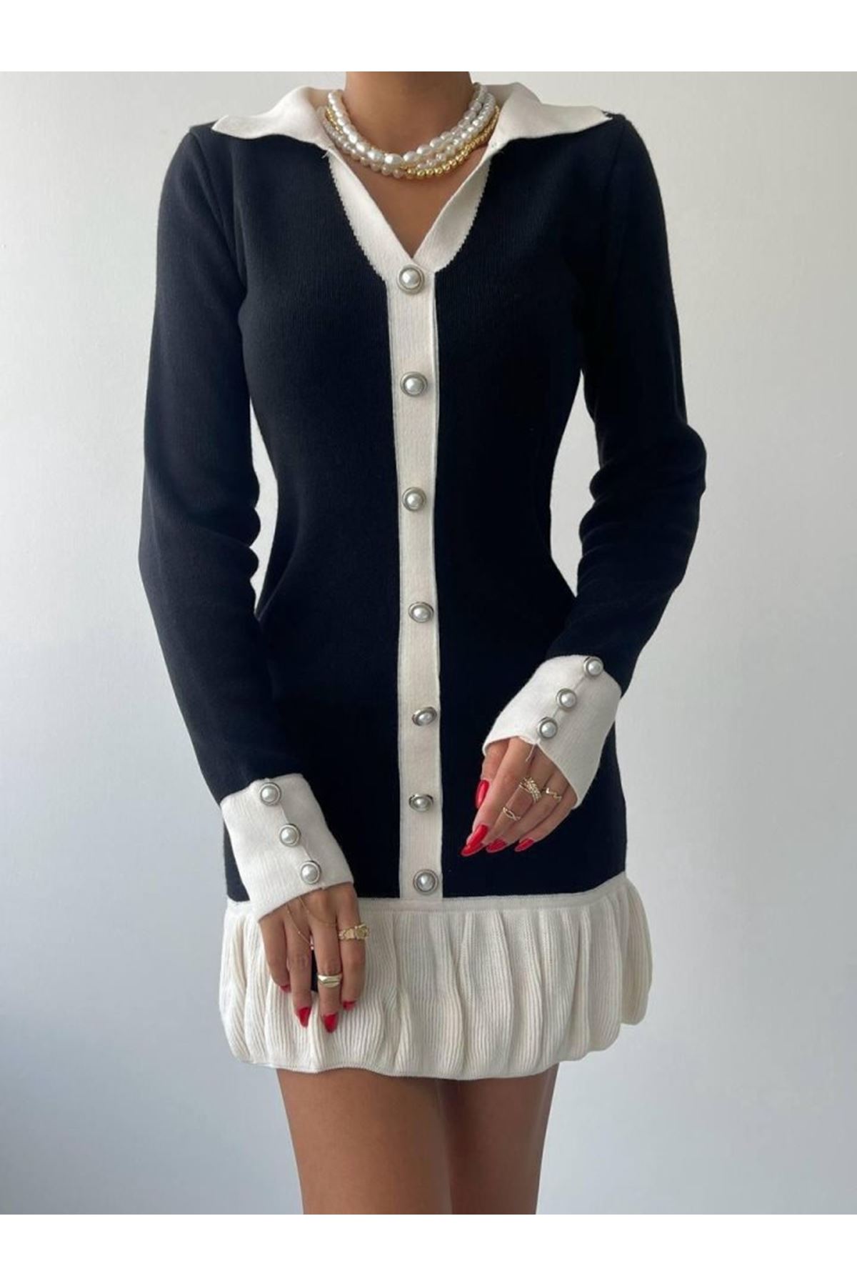 Bochum İnci Düğmeli Mini Elbise