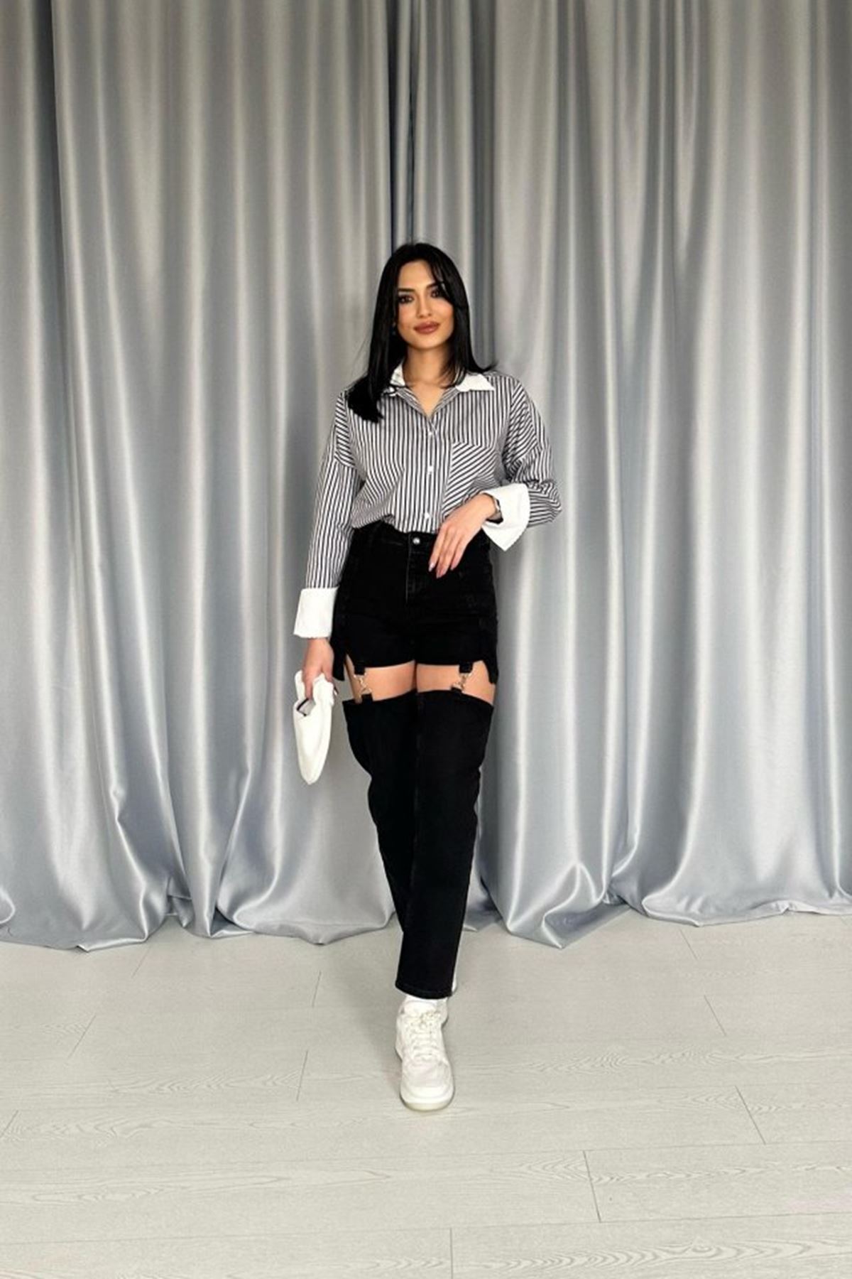 Siyah Askılı İki Parça Jeans Pantolon