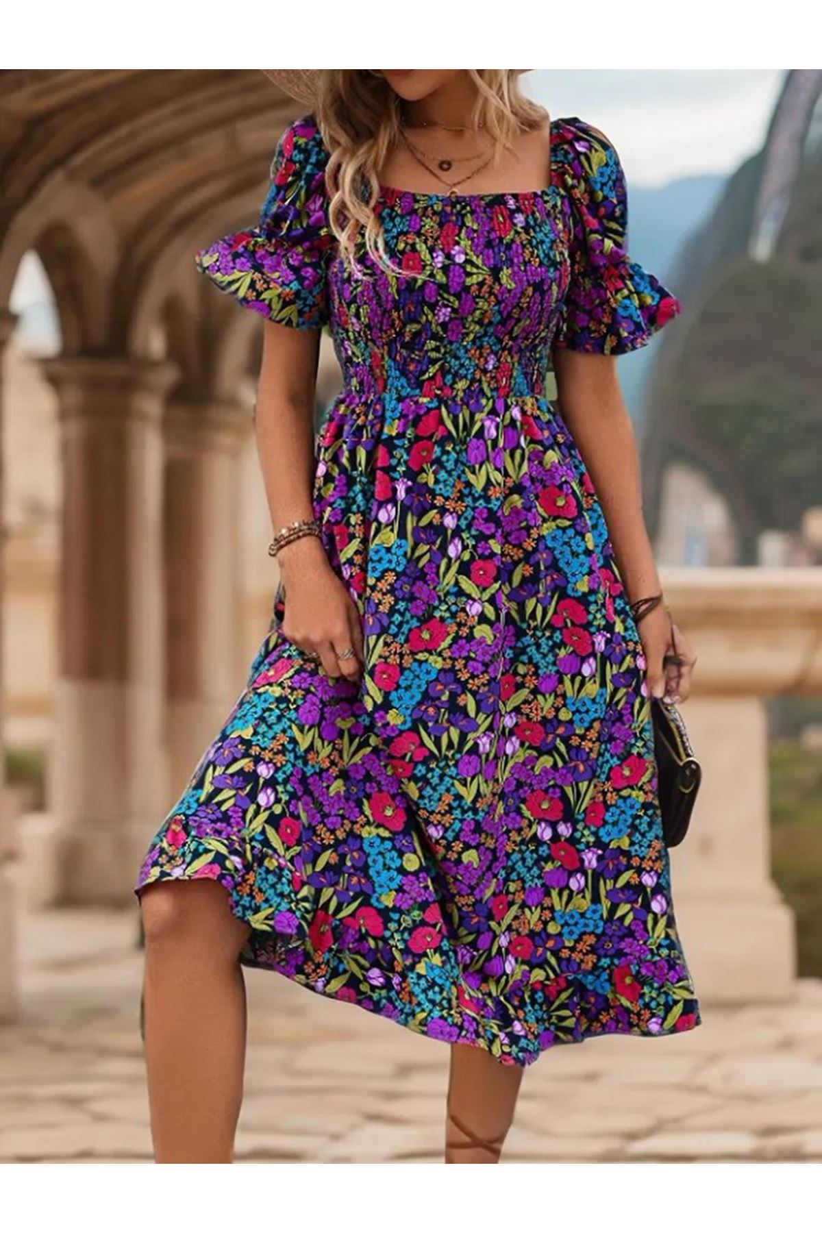 Kadın Kısa Kollu Kare Yakalı Beli Lastikli çiçek Desenli Mini Süprem Elbise
