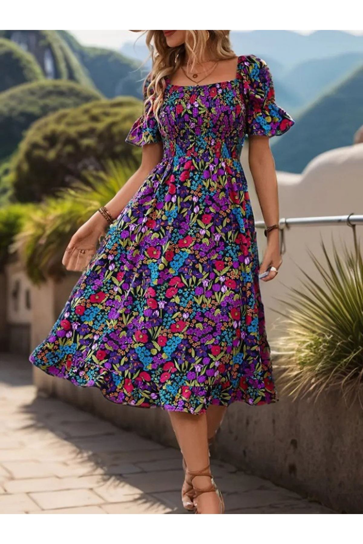 Kadın Kısa Kollu Kare Yakalı Beli Lastikli çiçek Desenli Mini Süprem Elbise