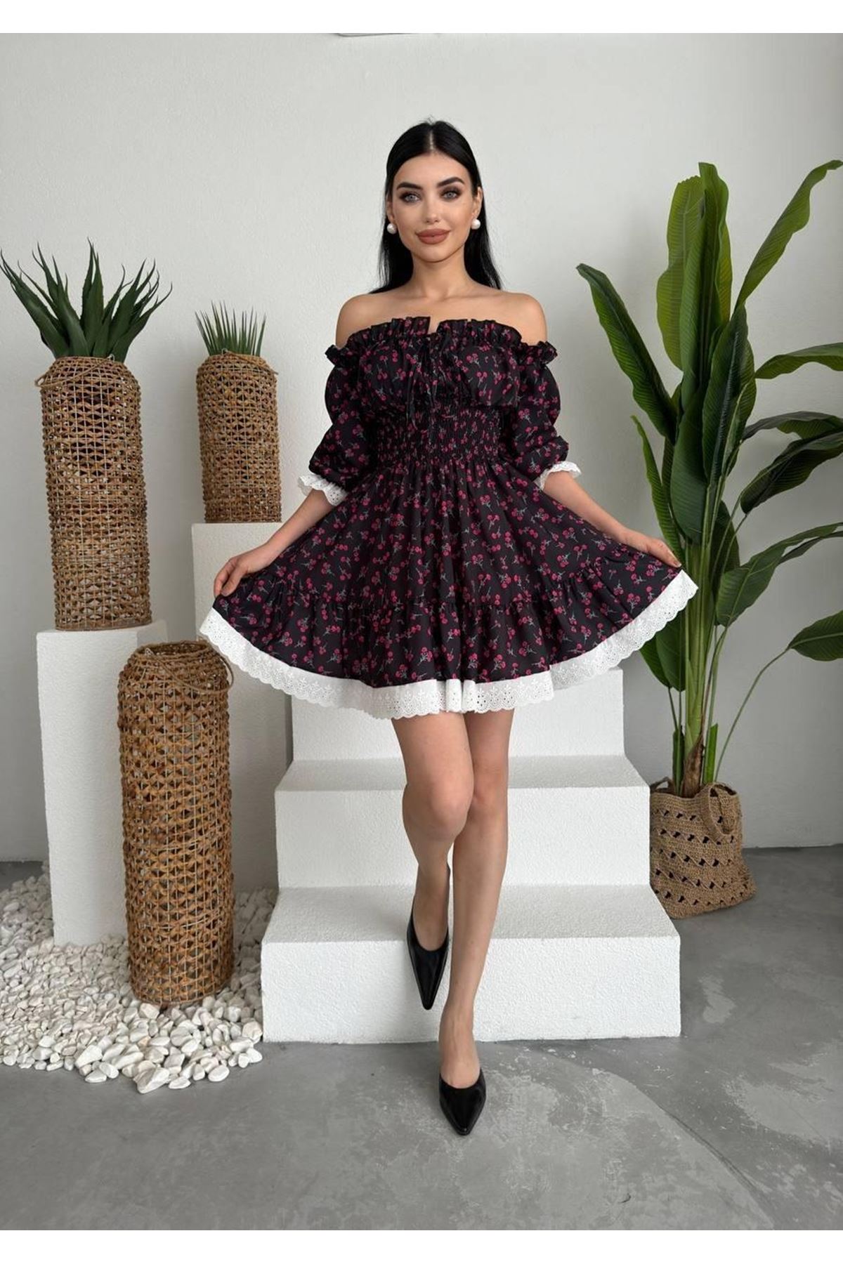 Marne Beli Lastikli Mini Elbise