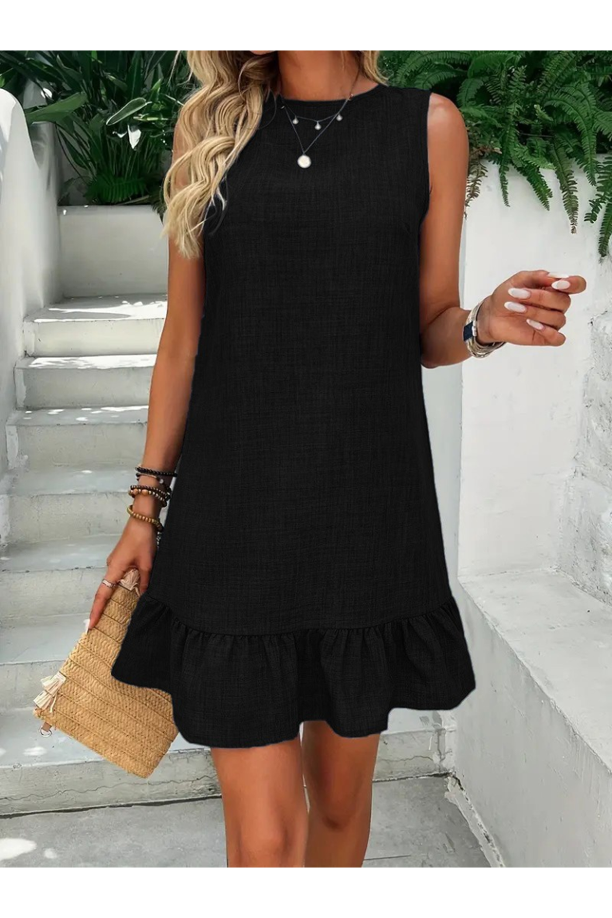 Kadın Kolsuz Bisiklet Yaka Fırfırlı Sofya Elbise